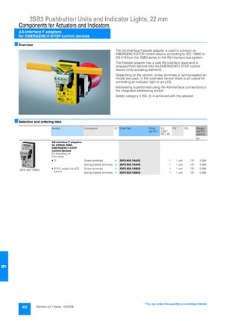 3SB3 Pushbutton Units and Indicator Lights, 22 mm
Components for Actuators and Indicators
AS-Interface F adapters
for EMERGENCY-STOP control devices
9/2 Siemens LV 1 News · 04/2006
9
■Overview
The AS-Interface Failsafe adapter is used to connect an
EMERGENCY-STOP control device according to ISO 13850 or
EN 418 from the 3SB3 series to the AS-Interface bus system.
The Failsafe adapter has a safe AS-Interface slave and is
snapped from behind onto the EMERGENCY-STOP control
device (only actuating element).
Depending on the version, screw terminals or spring-loaded ter-
minals are used. In the extended version there is an output for
controlling an indicator light or an LED.
Addressing is performed using the AS-Interface connections or
the integrated addressing socket.
Safety category 4 (SIL 3) is achieved with the adpater.
■Selection and ordering data
Version Connection DT Order No. Price
per PU
PU
(UNIT,
SET, M)
PS* PG Weight
per PU
approx.
kg
3SF5 402-1AB03
AS-Interface F adapters
for SIRIUS 3SB3
EMERGENCY-STOP
control devices
for mounting on
front plate
• 2I Screw terminals } 3SF5 402-1AA03 1 1 unit 121 0.066
Spring-loaded terminals } 3SF5 402-1AA04 1 1 unit 121 0.066
• 2I/1O, output for LED
control
Screw terminals } 3SF5 402-1AB03 1 1 unit 121 0.066
Spring-loaded terminals } 3SF5 402-1AB04 1 1 unit 121 0.066
* You can order this quantity or a multiple thereof.
 