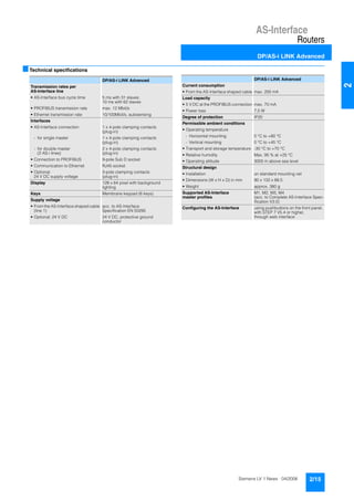 AS-Interface
Routers
DP/AS-i LINK Advanced
2/15Siemens LV 1 News · 04/2006
2
■Technical specifications
DP/AS-i LINK Advanced
Transmission rates per
AS-Interface line
• AS-Interface bus cycle time 5 ms with 31 slaves;
10 ms with 62 slaves
• PROFIBUS transmission rate max. 12 Mbit/s
• Ethemet transmission rate 10/100Mbit/s, autosensing
Interfaces
• AS-Interface connection 1 x 4-pole clamping contacts
(plug-in)
- for single master 1 x 4-pole clamping contacts
(plug-in)
- for double master
(2 AS-i lines)
2 x 4-pole clamping contacts
(plug-in)
• Connection to PROFIBUS 9-pole Sub D socket
• Communication to Ethernet RJ45 socket
• Optional:
24 V DC supply voltage
3-pole clamping contacts
(plug-in)
Display 128 x 64 pixel with background
lighting
Keys Membrane keypad (6 keys)
Supply voltage
• From the AS-Interface shaped cable
(line 1)
acc. to AS-Interface
Specification EN 50295
• Optional: 24 V DC 24 V DC, protective ground
conductor
Current consumption
• From the AS-Interface shaped cable max. 200 mA
Load capacity
• 5 V DC at the PROFIBUS connection max. 70 mA
• Power loss 7,5 W
Degree of protection IP20
Permissible ambient conditions
• Operating temperature
- Horizontal mounting 0 °C to +60 °C
- Vertical mounting 0 °C to +45 °C
• Transport and storage temperature -30 °C to +70 °C
• Relative humidity Max. 95 % at +25 °C
• Operating altitude 3000 m above sea level
Structural design
• Installation on standard mounting rail
• Dimensions (W x H x D) in mm 90 x 132 x 88.5
• Weight approx. 380 g
Supported AS-Interface
master profiles
M1, M2, M3, M4
(acc. to Complete AS-Interface Spec-
ification V3.0)
Configuring the AS-Interface using pushbuttons on the front panel,
with STEP 7 V5.4 or higher,
through web interface
DP/AS-i LINK Advanced
 