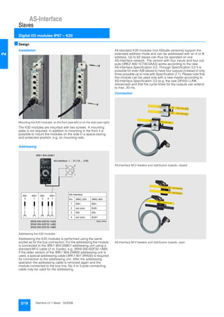 AS-Interface
Slaves
Digital I/O modules IP67 – K20
2/16 Siemens LV 1 News · 04/2006
2
■Design
Installation
Mounting the K20 modules: on the front (see left) or on the side (see right)
The K20 modules are mounted with two screws. A mounting
plate is not required. In addition to mounting in the front it is
possible to mount the modules on the side in a space-saving
and protected position, e.g. on mounting rails.
Addressing
Addressing the K20 modules
Addressing the K20 modules is performed using the same
socket as for the bus connection. For the addressing the module
is connected to the 3RK1 904-2AB01 addressing unit using a
standard M12 cable (2 or 3-pole), e.g. 3RX8 000-0GF32-1AB5.
If the older version of the 3RK1 904-2AB00 addressing unit is
used, a special addressing cable (3RK1 901-3RA00) is required
for connection to the addressing unit. After the addressing
operation the addressing cable is removed again and the
module connected to the bus line. No 4 or 5-pole connecting
cable may be used for the addressing.
All standard K20 modules (not ASIsafe versions) support the
extended address mode and can be addressed with an A or B
address. Up to 62 slaves can thus be operated on one
AS-Interface network. The version with four inputs and four out-
puts (3RK2 400-1CT30-0AA3) works according to the new
AS-Interface Specification 3.0. Through Specification 3.0 it is
possible for even A/B slaves to have four outputs (instead of only
three possible up to now with Specification 2.1). Please note that
this module can be used only with a new master according to
AS-Interface Specification 3.0 (e.g. the new DP/AS-i LINK
Advanced) and that the cycle times for the outputs can extend
to max. 20 ms.
Connection
AS-Interface M12 feeders and distribution boards, closed
AS-Interface M12 feeders and distribution boards, open
NSA0_00443
3RK1 904-2AB01
AS-Interface: 1 ... 31 (1A ... 31B)
AS-Interface
Pin
ASi-
3 3RK2 200- ...
3RX8 000-0GF32-1AA6
3RX8 000-0GF32-1AB0
3RX8 000-0GF32-1AB5
3RK2 400- ...
1 ASi+ ASi+
2 not conn. AUX-
4 not conn. AUX+
3 ASi- ASi-
ASi-
3
ASi+
14
ASi+
1
3 2
4 1
 