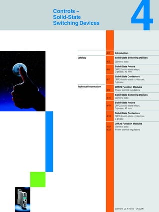 Siemens LV 1 News · 04/2006
4/2 Introduction
Solid-State Switching Devices
4/3 General data
Solid-State Relays
4/6 3RF22 solid-state relays,
3-phase, 45 mm
Solid-State Contactors
4/7 3RF24 solid-state contactors,
3-phase
3RF29 Function Modules
4/9 Power control regulators
Solid-State Switching Devices
4/10 General data
Solid-State Relays
4/11 3RF22 solid-state relays,
3-phase, 45 mm
Solid-State Contactors
4/16 3RF24 solid-state contactors,
3-phase
3RF29 Function Modules
4/24 General data
4/25 Power control regulators
Controls –
Solid-State
Switching Devices
Catalog
Technical Information
 
