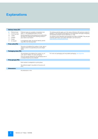 Niederspannungs-Schalttechnik
4 Siemens LV 1 News · 04/2006
Delivery times (DT)
} Preferred type
A 2 working days
B 1 week
C 3 weeks
D 6 week
X on request
Preferred types are available immediately from
stock, i.e. are dispatched within 24 hours.
Normal quantities of the products are usually deliv-
red within the specified time following receipt of
your order at our branch.
In exceptional cases, the actual delivery period
may differ from that specified.
The delivery periods apply up to the ramp at Siemens AG (products ready for
dispatch). The transport times depend on the destination and type of shipping.
The standard transport time for Germany is 1 day.
The delivery times specified here represent the state of 02/2006. They are per-
manently optimized. Up-to-date information can be found at
www.siemens.com/automation/mall.
Price units (PU)
The price unit defines the number of units, sets or
meters to which the specified price and weight
apply.
Packaging sizes (PS)
The packaging size defines the number, e.g. of
units, sets or meters, for outer packaging.
Only the quantity defined by the packaging size or
a multiple thereof can be ordered!
For multi-unit packaging and recyclable packaging, see Appendix.
Price groups (PG)
Each product is assigned to a price group.
The defined weight in kg refers to the price unit
(PU).
Dimensions
All dimensions in mm.
Explanations
 
