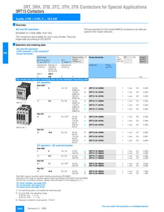 3RT, 3RH, 3TB, 3TC, 3TH, 3TK Contactors for Special Applications
3RT15 Contactors
4-pole, 2 NO + 2 NC, 4 ... 18.5 kW
3/64 Siemens LV 1 · 2006
3
■Overview
AC and DC operation
EN 60947-4-1 (VDE 0660, Part 102)
The contactors are suitable for use in any climate. They are
finger-safe according to EN 50274.
The accessories for the 3-pole SIRIUS contactors can also be
used for the 4-pole versions.
■Selection and ordering data
1) For switching poles; not suitable for reversing duty.
2) For size S00: coil operating range
at 50 Hz: 0.8 ... 1.1 x Us
at 60 Hz: 0.85 ... 1.1 x Us.
3) Required conductor cross-section: 10 mm².
AC and DC operation
2 NO contacts + 2 NC contacts1)
Screw terminals
Rated data Rated control
supply
voltage Us
DT Screw terminals PU
(UNIT,
SET, M)
PS* PG Weight
per PU
approx.
AC-2 and AC-3,
Tu: up to 60 °C
AC-1,
Tu: 40/60 °C
Operational
current Ie
Ratings of
induction
motors at
50 Hz and
Operational
current Ie
Order No. Price
per PU
400 V 400 V
A kW A V kg
For screw and snap-on mounting onto 35 mm standard mounting rails
3RT15 1.-1....
3RT15 26.-1 .
AC operation
Size S002)
9 4 18 / 16 24 AC,
50/60 Hz
B 3RT15 16-1AB00 1 1 unit 101 0.205
110 AC,
50/60 Hz
B 3RT15 16-1AF00 1 1 unit 101 0.204
230 AC,
50/60 Hz
} 3RT15 16-1AP00 1 1 unit 101 0.202
12 5.5 22 / 20 24 AC,
50/60 Hz
A 3RT15 17-1AB00 1 1 unit 101 0.205
110 AC,
50/60 Hz
} 3RT15 17-1AF00 1 1 unit 101 0.203
230 AC,
50/60 Hz
} 3RT15 17-1AP00 1 1 unit 101 0.205
Size S0
25 11 40 / 353) 24 AC,
50 Hz
B 3RT15 26-1AB00 1 1 unit 101 0.395
110 AC,
50 Hz
} 3RT15 26-1AF00 1 1 unit 101 0.390
230 AC,
50 Hz
} 3RT15 26-1AP00 1 1 unit 101 0.393
Size S2
40 18.5 55 / 50 24 AC,
50 Hz
B 3RT15 35-1AB00 1 1 unit 101 0.983
110 AC,
50 Hz
B 3RT15 35-1AF00 1 1 unit 101 0.991
230 AC,
50 Hz
} 3RT15 35-1AP00 1 1 unit 101 0.984
DC operation · DC solenoid system
Size S00
9 4 18 / 16 24 DC } 3RT15 16-1BB40 1 1 unit 101 0.263
220 DC B 3RT15 16-1BM40 1 1 unit 101 0.262
12 5.5 22 / 20 24 DC } 3RT15 17-1BB40 1 1 unit 101 0.265
220 DC B 3RT15 17-1BM40 1 1 unit 101 0.259
Size S0
20 11 40 / 353) 24 DC } 3RT15 26-1BB40 1 1 unit 101 0.625
220 DC B 3RT15 26-1BM40 1 1 unit 101 0.626
Size S2
40 18.5 55 / 50 24 DC } 3RT15 35-1BB40 1 1 unit 101 1.583
220 DC B 3RT15 35-1BM40 1 1 unit 101 1.585
Size S00: snap-on auxiliary switch blocks according to EN 50005
Sizes S0 to S3: snap-on auxiliary switch blocks according to EN 50012 and EN 50005
(for S0 max. 2 auxiliary contacts, please note information in the Catalog LV 1 T ).
For other voltages, see page 3/29.
For accessories, see page 3/110.
For spare parts, see page 3/126.
* You can order this quantity or a multiple thereof.
 