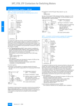 3RT, 3TB, 3TF Contactors for Switching Motors
3RT10 contactors, 3-pole, 3 ... 250 kW
3/10 Siemens LV 1 · 2006
3
3RT1...-.P version: for 24 V DC PLC output or
PLC relay output, with indication of remaining lifetime (RLT)
To supply the solenoid and the remaining lifetime indicator with
power, the control supply voltage Us must be connected to
terminals A1/A2 of the laterally mounted solid-state module. The
control inputs of the contactor are connected to a 7-pole plug-in
connection; the screwless spring-operated connector is part of
the scope of supply.
• The "Remaining lifetime (RLT)" status signal is available at
terminals R1/R2 through a floating relay contact (hard gold-
plated, enclosed) and can be input to SIMOCODE, PLC or
other devices for processing, for example.
Permissible current-carrying capacity of the R1/R2 relay
output:
- Ie/AC-15/24 to 230 V: 3 A
- Ie/DC-13/24 V: 1 A
• LED indicators
The following states are indicated by means of LEDs on the
laterally mounted solid-state module:
- Contactor ON (energized state): Green LED ("ON")
- Indication of remaining lifetime
2 control options:
• Contactor control without an interface directly through a
24 V DC/˜ 30 mA PLC output (EN 61131-2) by way of terminals
IN+/IN-.
$ Solid-state module of
3RT1. ..-.P contactor
% Plug-in connection, 7-pole
S1 Selector switch for switching
from automatic control
through PLC semiconductor
output to local control
S2 Local control option
Possibility of switching from automatic control to local control by
way of terminals H1/H2, i.e. automatic control through PLC or
SIMOCODE/PROFIBUS DP can be deactivated e.g. at startup or
in the event of a fault and the contactor can be controlled
manually.
• Contactor control through relay outputs, e.g. by
- PLC
- SIMOCODE
by way of terminals H1/H2. Contact loading: Us/approx. 5 mA.
When operated through SIMOCODE, a communication link to
PROFIBUS DP is also provided.
$ Solid-state module of
3RT1. ..-.P contactor
% Plug-in connection, 7-pole
S1 Selector switch for switching
from automatic control,
e.g. by means of
SIMOCODE-DP or
PLC relay output, to local
control
S2 Local control option
3RT1. ..-.Q version: communication-capable with integrated
AS-Interface and indication of remaining lifetime (RLT)
To supply the solenoid and the remaining lifetime indicator with
power, the control supply voltage Us must be connected to
terminals A1/A2 of the laterally mounted solid-state module.
The contactor itself is controlled by way of the integrated
AS-Interface interface. The inputs and outputs are connected to
a 10-pole plug-in connection; the screwless spring-operated
connectors (6-pole for external connection and 4-pole for
AS-Interface connection) are part of the scope of supply.
• LED indicators:
The following states are indicated by means of LEDs on the
laterally mounted solid-state module:
- Contactor ON (energized state): Green LED ("ON")
- Automatic/Local control: Green LED ("AUTO")
- Bus status: Green/red dual LED ("AS-i")
- Remaining lifetime (RLT)
• AS-Interface addressing socket "ADDR":
The contactor address can be assigned after installation.
O N
H 1
H 2
R 1
R 2
I N
I N
2 4 V
D C
R L T
3 0 0 V
A C / D C
A 1 A 2
- . P P 3 .
2 0 0 - 2 7 7 V
5 0 - 6 0 H z
D C
R L T
6 0 %
4 0 %
2 0 %
R e s e t
3 R T 1 0 5 / 3 R T 1 4 5
NSB0_01145a
C o n t a c t o r O N
D i s p l a y s f o r R L T :
L E D g r e e n
L E D g r e e n
L E D o r a n g e
L E D r e d
R L T R e s e t
P l u g - i n
c o n n e c t i o n
7 - p o l e
L 1 / L +
N / L -
A 1 A 2
S 2
S 1
S 1
H 1
R 1
R 2
I N
I N
H 2
N S B 0 _ 0 1 1 4 6 c
1 2
I n d i c a t i o n
o f r e m a i n i n g
l i f e t i m e 2 0 %
D C 2 4 V / 3 0 m A
P L C o u t p u t
L1/L+
N/L-
A1 A2
H1
H2
R1
R2
IN
IN
S1
S2
NSB0_01147b
PROFIBUS DP
1 2
e.g.
SIMOCODE
other
PLC
Indication
of remaining
lifetime 20%
O N
H 1
H 2
S F 1
S F 2
A S - i
3 0 0 V
A C / D C
A 1 A 2
- . Q P 3 .
2 0 0 - 2 7 7 V
5 0 - 6 0 H z
D C
3 R T 1 0 5 / 3 R T 1 4 5
NSB0_01148b
A U T O
A S - i
R L T
6 0 %
4 0 %
2 0 %
R e s e t
A D D R .
H 3
1
2
3
4
C o n t a c t o r O N
D i s p l a y s f o r R L T :
L E D g r e e n
L E D g r e e n
L E D o r a n g e
L E D r e d
R L T R e s e t
P l u g - i n
c o n n e c t i o n
6 - p o l e
B u s s t a t u s
A u t o m a t i c
c o n t r o l
P l u g - i n
c o n n e c t i o n
4 - p o l e
A d r e s s j a c k
 