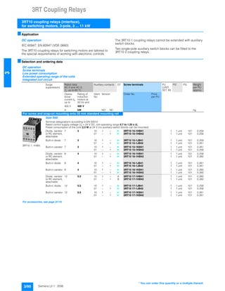 3RT Coupling Relays
3RT10 coupling relays (interface),
for switching motors, 3-pole, 3 ... 11 kW
3/90 Siemens LV 1 · 2006
3
■Application
DC operation
IEC 60947, EN 60947 (VDE 0660)
The 3RT10 coupling relays for switching motors are tailored to
the special requirements of working with electronic controls.
The 3RT10 1 coupling relays cannot be extended with auxiliary
switch blocks.
Two single-pole auxiliary switch blocks can be fitted to the
3RT10 2 coupling relays.
■Selection and ordering data
DC operation
Screw terminals
Low power consumption
Extended operating range of the coils
Integrated coil circuit
Surge
suppressors
Rated data
AC-2 and AC-3,
Tu: up to 60 °C
Auxiliary contacts DT Screw terminals PU
(UNIT,
SET, M)
PS* PG Weight
per PU
approx.
Opera-
tional
current Ie
up to
Rating of
induction
motors at
50 Hz and
Ident.
No.
Version Order No. Price
per PU
400 V 400 V
A kW NO NC kg
For screw and snap-on mounting onto 35 mm standard mounting rail
3RT10 1.-1HB4.
Size S00
Terminal designations according to EN 50012
Rated control supply voltage Us = 24 V DC, coil operating range 0.7 to 1.25 x Us
Power consumption of the coils 2.3 W at 24 V (no auxiliary switch blocks can be mounted)
Diode, varistor
or RC element,
attachable
7 3 10 1 -- } 3RT10 15-1HB41 1 1 unit 101 0.259
01 -- 1 } 3RT10 15-1HB42 1 1 unit 101 0.258
Built-in diode 7 3 10 1 -- } 3RT10 15-1JB41 1 1 unit 101 0.259
01 -- 1 } 3RT10 15-1JB42 1 1 unit 101 0.261
Built-in varistor 7 3 10 1 -- } 3RT10 15-1KB41 1 1 unit 101 0.261
01 -- 1 } 3RT10 15-1KB42 1 1 unit 101 0.259
Diode, varistor
or RC element,
attachable
9 4 10 1 -- } 3RT10 16-1HB41 1 1 unit 101 0.258
01 -- 1 } 3RT10 16-1HB42 1 1 unit 101 0.260
Built-in diode 9 4 10 1 -- } 3RT10 16-1JB41 1 1 unit 101 0.261
01 -- 1 } 3RT10 16-1JB42 1 1 unit 101 0.261
Built-in varistor 9 4 10 1 -- } 3RT10 16-1KB41 1 1 unit 101 0.260
01 -- 1 } 3RT10 16-1KB42 1 1 unit 101 0.260
Diode, varistor
or RC element,
attachable
12 5.5 10 1 -- A 3RT10 17-1HB41 1 1 unit 101 0.260
01 -- 1 B 3RT10 17-1HB42 1 1 unit 101 0.260
Built-in diode 12 5.5 10 1 -- } 3RT10 17-1JB41 1 1 unit 101 0.258
01 -- 1 } 3RT10 17-1JB42 1 1 unit 101 0.258
Built-in varistor 12 5.5 10 1 -- } 3RT10 17-1KB41 1 1 unit 101 0.261
01 -- 1 } 3RT10 17-1KB42 1 1 unit 101 0.261
For accessories, see page 3/119.
* You can order this quantity or a multiple thereof.
 