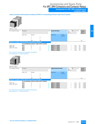 Accessories and Spare Parts
For 3RT, 3RH Contactors and Contactor Relays
Accessories for 3RT, 3RH contactors and
contactor relays
3/113Siemens LV 1 · 2006
3
For multi-unit packing and reusable packaging,
see Appendix -> Ordering Notes.
For multi-unit packing and reusable packaging,
see Appendix -> Ordering Notes.
Snap-on auxiliary switch blocks according to EN 50011 for assembling contactor relays with 8 contacts.
3RH19 11-1GA..
For contactor relays Contacts DT Screw terminals PU
(UNIT,
SET, M)
PS* PG Weight
per PU
approx.
Ident. No. Version Order No. Price
per PU
NO NC kg
Snap-on auxiliary switch blocks according to EN 50011
For assembling contactor relays with 8 contacts
3RH11 40,
3RH14 40
(Ident. No. 40 E)
80 E 4 -- } 3RH19 11-1GA40 1 1 unit 101 0.052
71 E 3 1 } 3RH19 11-1GA31 1 1 unit 101 0.052
62 E 2 2 } 3RH19 11-1GA22 1 1 unit 101 0.052
53 E 1 3 } 3RH19 11-1GA13 1 1 unit 101 0.052
44 E -- 4 } 3RH19 11-1GA04 1 1 unit 101 0.052
3RH19 11-2GA..
For contactor relays Contacts DT Cage Clamp terminals PU
(UNIT,
SET, M)
PS* PG Weight
per PU
approx.
Ident. No. Version Order No. Price
per PU
NO NC kg
Snap-on auxiliary switch blocks according to EN 50011
For assembling contactor relays with 8 contacts
3RH11 40,
(Ident. No. 40 E)
80 E 4 -- } 3RH19 11-2GA40 1 1 unit 101 0.059
71 E 3 1 } 3RH19 11-2GA31 1 1 unit 101 0.059
62 E 2 2 } 3RH19 11-2GA22 1 1 unit 101 0.058
53 E 1 3 } 3RH19 11-2GA13 1 1 unit 101 0.058
44 E -- 4 } 3RH19 11-2GA04 1 1 unit 101 0.058
* You can order this quantity or a multiple thereof.
 