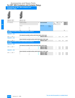 Accessories and Spare Parts
For 3RT, 3RH Contactors and Contactor Relays
Accessories for 3RT, 3RH contactors and
contactor relays
3/114 Siemens LV 1 · 2006
3
3RH19 21-1DA11
3RH19 21-1JA11
3RH19 21-1EA..
3RH19 21-1KA..
For contactors Auxiliary contacts DT Screw terminals PU
(UNIT,
SET, M)
PS* PG Weight
per PU
approx.
Version Order No. Price
per PU
Type NO NC kg
Laterally mountable auxiliary switch blocks according to
EN 50012
Sizes S0 ... S12
First laterally mountable auxiliary switch block (right or left), 2-pole
3RT1. 2 ... 3RT1. 7 1 1 } 3RH19 21-1DA11 1 1 unit 101 0.047
Sizes S3 ... S12
Second laterally mountable auxiliary switch block (right or left), 2-pole
3RT1. 4 ... 3RT1. 7 1 1 } 3RH19 21-1JA11 1 1 unit 101 0.047
Laterally mountable auxiliary switch blocks according to
EN 50005
Sizes S0 ... S12
First laterally mountable auxiliary switch block (right or left), 2-pole
3RT1. 2 ... 3RT1. 7 2 -- } 3RH19 21-1EA20 1 1 unit 101 0.048
1 1 } 3RH19 21-1EA11 1 1 unit 101 0.048
-- 2 } 3RH19 21-1EA02 1 1 unit 101 0.048
Sizes S3 ... S12
Second laterally mountable auxiliary switch block (right or left), 2-pole
3RT1. 4 ... 3RT1. 7 2 -- } 3RH19 21-1KA20 1 1 unit 101 0.048
1 1 } 3RH19 21-1KA11 1 1 unit 101 0.048
-- 2 } 3RH19 21-1KA02 1 1 unit 101 0.048
* You can order this quantity or a multiple thereof.
 
