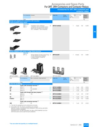 Accessories and Spare Parts
For 3RT, 3RH Contactors and Contactor Relays
Accessories for 3RT, 3RH contactors and
contactor relays
3/123Siemens LV 1 · 2006
3
1) The links for paralleling can be reduced by one pole.
2) Sizes S00 to S2: The links for paralleling are insulated.
Size S3: A cover is included for touch protection. (Can only be used when
the box terminal is removed.)
Sizes S6 to S12: The 3RT19 56-4EA1 (for S6) or 3RT19 66-4EA1 (for S10
and S12) cover can be used for touch protection.
For contactors Version DT Order No. Price
per PU
PU
(UNIT,
SET, M)
PS* PG Weight
per PU
approx.
Type kg
Solder pin adapters for contactors with mounted
4-pole auxiliary switch block
Size S00
3RT1. 1,
3RH11
Installation kit for soldering
contactors with an auxiliary switch
block onto a printed circuit board
For 1 contactor, 1 set is required.
B 3RT19 16-4KA2 1 4 sets 101 0.070
Screw adapters with screw or Cage Clamp terminal
Size S0
3RT1.2. Screw adapter for easy screw fixing,
2 units required per contactor
(1 pack contains 10 sets for
10 contactors)
C 3RT19 26-4P 1 10 sets 101 0.002
NSB0_01470
3RT19 16-4BB31 3RT19 16-4BB41 3RT19 36-4BB31 3RT19 56-4BA31
Size For contactors Max. conductor cross-sections DT Order No. Price
per PU
PU
(UNIT,
SET, M)
PS* PG Weight
per PU
approx.
Type mm2
kg
Links for paralleling
3-pole, with connection terminal1)2)
S00 3RT10 1 25 } 3RT19 16-4BB31 1 1 unit 101 0.015
S0 3RT10 2. 35, stranded } 3RT19 26-4BB31 1 1 unit 101 0.018
S2 3RT10 3. 95 } 3RT19 36-4BB31 1 1 unit 101 0.107
3-pole, with through hole (star jumpers)1)2)
S3 3RT10 4.
3RT14 4.
185 } 3RT19 46-4BB31 1 1 unit 101 0.197
S6 3RT1. 5 -- } 3RT19 56-4BA31 1 1 unit 101 0.161
S10/S12 3RT1. 6,
3RT1. 7
-- } 3RT19 66-4BA31 1 1 unit 101 0.533
4-pole, with connection terminal1)2)
S00 3RT1. 1 25 C 3RT19 16-4BB41 1 1 unit 101 0.015
* You can order this quantity or a multiple thereof.
 
