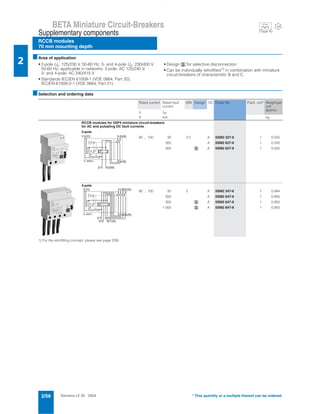 Siemens LV 30 · 20042/56
BETA Miniature Circuit-Breakers
RCCB modules
70 mm mounting depth
Supplementary components
2
* This quantity or a multiple thereof can be ordered.
■Area of application
• 2-pole Un: 125/230 V, 50-60 Hz; 3- and 4-pole Un: 230/400 V,
50-60 Hz; applicable in networks: 2-pole: AC 125/240 V,
3- and 4-pole: AC 240/415 V
• Standards IEC/EN 61009-1 (VDE 0664, Part 20),
IEC/EN 61009-2-1 (VDE 0664, Part 21)
• Design î for selective disconnection
• Can be individually retrofitted1) in combination with miniature
circuit-breakers of characteristic B and C.
■Selection and ordering data
1) For the retrofitting concept, please see page 2/58.
Rated current Rated fault
current
MW Design DC Order No. Pack. unit* Weight per
unit
approx.
In IΔn
A mA kg
RCCB modules for 5SP4 miniature circuit-breakers
for AC and pulsating DC fault currents
2-pole
80 ... 100 30 3.5 A 5SM2 327-6 1 0.550
300 A 5SM2 627-6 1 0.550
300 î A 5SM2 627-8 1 0.550
4-pole
80 ... 100 30 5 A 5SM2 347-6 1 0.944
300 A 5SM2 647-6 1 0.950
300 î A 5SM2 647-8 1 0.950
1 000 î A 5SM2 847-8 1 0.950
I2_06662c 2 4
(N)Y2Y1 1 3
(N)
4/3(N)2/1
1 3 5 7
( N )2 4 6 8
( N )1 Y 2
2 / 1
4 / 3
6 / 5
8 / 7 ( N )
I 2 _ 0 6 6 6 1 c
(Type A)
-25
 