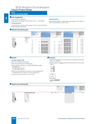 Siemens LV 30 · 20042/40
BETA Miniature Circuit-Breakers
6 kA
70 mm mounting depth
Industry Product Range
2
* This quantity or a multiple thereof can be ordered.
■Area of application
• Un: AC 230 V, 50-60 Hz
• Standards: EN 60898, DIN VDE 0641 Part 11, IEC 60898
Characteristic B
Line protection, mainly used for outlet circuits; no proof required
regarding personal safety.
Characteristic C
General line protection, especially advantageous with higher in-
rush currents (lamps, motors, etc.).
■Selection and ordering data
■Benefits
Auxiliary switch (AS)
• Can be retrofitted individually
• Mounting with factory-installed clips
• max. contact loading acc. to DIN VDE 0660 Part 200,
EN 60947-5-1:
6 A, AC 230 V, AC-15
1 A, DC 220 V, DC-13
• Short-circuit protection ensured by circuit-breakers with
characteristic B or C with In = 6 A or fuse gL 6 A
• Conductor cross-section 0.5 to 2.5 mm2
■Functions
• Remote indication of the miniature circuit-breaker’s switching
state: AS: ON/OFF
• Connectable to instabus EIB and AS-Interface bus via binary
inputs.
■Selection and ordering data
In MW DC Characteristic B Pack. unit* Weight per
unit
approx.
DC Characteristic C Pack. unit* Weight per
unit
approx.
Order No. Order No.
A kg kg
1-pole + N
2 1 - A 5SY6 002-7KV 12 0.132
4 - A 5SY6 004-7KV 12 0.132
6 A 5SY6 006-6KV 12 0.132 A 5SY6 006-7KV 12 0.132
8 - A 5SY6 008-7KV 12 0.132
10 A 5SY6 010-6KV 12 0.132 A 5SY6 010-7KV 12 0.132
13 A 5SY6 013-6KV 12 0.132 A 5SY6 013-7KV 12 0.132
16 A 5SY6 016-6KV 12 0.132 A 5SY6 016-7KV 12 0.132
20 A 5SY6 020-6KV 12 0.132 A 5SY6 020-7KV 12 0.132
25 A 5SY6 025-6KV 12 0.132 A 5SY6 025-7KV 12 0.132
32 A 5SY6 032-6KV 12 0.132 A 5SY6 032-7KV 12 0.132
40 A 5SY6 040-6KV 12 0.132 A 5SY6 040-7KV 12 0.132
2
1
N
N
I2_08258
instabus EIB
input
MCBAS
MW DC Order No. Pack.
unit*
Weight per
unit
approx.
kg
Auxiliary switch (AS) 1 NO + 1 NC 0.5 A 5ST3 018-0KV 1 0.037
13
12
21
22
 