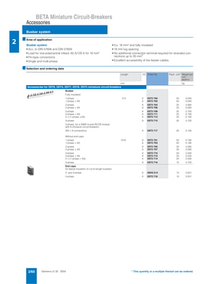 Siemens LV 30 · 20042/60
BETA Miniature Circuit-Breakers
Busbar system
Accessories
2
* This quantity or a multiple thereof can be ordered.
■Area of application
Busbar system
• Acc. to DIN 57606 and DIN 57659
• Load for one-side/central infeed: 65 A/120 A for 16 mm²
• Pin-type connections
• Single and multi-phase
• Cu: 16 mm² and fully insulated
• 18 mm lug spacing
• No additional connection terminal required for stranded con-
nections up to 35 mm2
• Excellent accessibility of the feeder cables.
■Selection and ordering data
Length DC Order No. Pack. unit* Weight per
unit
approx.
mm kg
Accessories for 5SY6, 5SY4, 5SY7, 5SY8, 5SY5 miniature circuit-breakers
Busbar
Fully insulated:
1-phase 214 A 5ST3 700 50 0.040
1-phase + AS A 5ST3 702 50 0.040
2-phase A 5ST3 704 25 0.060
2-phase + AS A 5ST3 706 25 0.060
3-phase A 5ST3 708 25 0.100
3-phase + AS A 5ST3 711 25 0.100
3 × (1-phase +AS) A 5ST3 713 25 0.100
4-phase A 5ST3 715 20 0.150
3-phase, for a 5SM3 4-pole RCCB module
with 8 miniature circuit-breakers:
3/N + 8 connections A 5ST3 717 25 0.150
Without end caps
1-phase 1016 A 5ST3 701 50 0.190
1-phase + AS A 5ST3 703 50 0.190
2-phase A 5ST3 705 20 0.290
2-phase + AS A 5ST3 707 20 0.290
3-phase A 5ST3 710 20 0.430
3-phase + AS A 5ST3 712 20 0.430
3 × (1-phase + AS) A 5ST3 714 20 0.430
4-phase A 5ST3 716 15 0.700
End caps
for lateral insulation of cut-to-length busbars
2- and 3-phase A 5SH5 514 10 0.001
4-phase A 5ST3 718 10 0.001
 