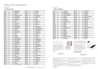 ÉTUI LANGUETTES
TESTEUR POUR PARFUM
Appliquez un peu de parfum sur la
languette testeur, inscrivez dessus le
numéro de la composition. Ainsi, sans
problème, vous vous rappellerez du
parfum qui vous convient le mieux. Il y
a 80 languettes dans l’étui.
FM M01
1,01 €
TABLEAU DES FRAGRANCES
FRAGRANCES
Féminines
FRAGRANCES
Masculines
ÉLÉGANTS EMBALLAGES
POUR LES ÉCHANTILLONS
Si vous voulez offrir un échantillon
de parfum que vous conseillez, placez-le
dans cet emballage cartonné. Une
présentation professionnelle est le premier
pas vers le succès. Disponible en version
pour femme et pour homme.
Pour femme :	 FM M2f
Pour homme :	FM M2h
0,11 €
Conformément à l’article L. 111-1 du Code de la consommation, le
Client peut, préalablement à sa commande, prendre connaissance,
dans le Catalogue, des caractéristiques essentielles du ou des
produit(s) qu’il désire commander.
Les photographies et descriptions des produits dans le Catalogue
ne sont qu’indicatives. En conséquence, la responsabilité de
FM GROUP France ne saurait être engagée en cas d’erreur dans l’une
de ces photographies ou l’une de ces descriptions.
Toute reproduction, même partielle, du Catalogue est interdite.
Les produits FM GROUP sont destinés à être vendus uniquement
par nos Partenaires d’Affaires Membres du Club FM GROUP.
En conséquence, il est interdit de vendre, d’acheter ou de se faire
remettre en cadeau nos produits aux fins de leur revente en dehors
de notre Réseau de Partenaires d’Affaires.
Detelsagissementspourrontêtredenatureàengagerlaresponsabilité
civile et le cas échéant pénale de leurs auteurs.
Le Catalogue des produits FM GROUP n° 12 est valable à partir du
mois de mai 2015.
Les Catalogues et le Plan Marketing édités par FM GROUP World,
FM GROUP France sont les uniques sources d’information officielle
autorisées lors de la vente et de la publicité des produits FM GROUP.
Les offres présentées dans le Catalogue sont valables dans la limite
des stocks disponibles ou jusqu’à l’entrée en vigueur d’un nouveau
Catalogue.
FM GROUP France se réserve expressément le droit à tout moment
d’ajouter de nouveaux Produits, de supprimer tout ou partie
des Produits vendus ou présentés sur le Catalogue, de changer
leur présentation ou de cesser leur commercialisation ainsi que
de modifier leur prix. Les Partenaires d’Affaires sont informés des
modifications intervenues par le biais du site Internet www.fmgroup.fr
ou des tarifs publiés par FM GROUP France.
Les prix indiqués dans le Catalogue sont des prix conseillés, fixés
à titre indicatif et publiés par FM GROUP France, pour lequel les
Distributeurs sont invités, sans cependant aucune obligation à cet
égard, à vendre les produits FM GROUP.
Les prix comprennent la taxe sur la valeur ajoutée (TVA) applicable
au jour de l’impression du Catalogue. Tout changement du taux
applicable sera automatiquement répercuté sur le prix des produits
vendus par FM GROUP France.
FM 43 	 p. 44 	 type : Sportives
FM 45 	 p. 46 	 type : Audacieuses
FM 52 	 p. 47 	 type : Audacieuses
FM 54 	 p. 44 	 type : Hommes d’affaires
FM 55 	 p. 46 	 type : Hommes d’affaires
FM 56 	 p. 45 	 type : Affirmées
FM 57 	 p. 46 	 type : Élégantes
FM 62 	 p. 46 	 type : Sportives
FM 63 	 p. 44 	 type : Audacieuses
FM 64 	 p. 47 	 type : Élégantes
FM 68 	 p. 44 	 type : Hommes d’affaires
FM 93 	 p. 46 	 type : Légères
FM 110 	 p. 45 	 type : Libérées
FM 134 	 p. 46 	 type : Légères
FM 135 	 p. 44 	 type : Légères
FM 151 	 p. 29 	 type : Hommes d’affaires
FM 152 	 p. 29 	 type : Élégantes
FM 160 	 p. 29 	 type : Légères
FM 169 	 p. 29 	 type : Légères
FM 189 	 p. 45	 type : Affirmées
FM 195 	 p. 26 	 type : Élégantes
FM 198 	 p. 31 	 type : Affirmées
FM 199 	 p. 27 	 type : Élégantes
FM 207 	 p. 46 	 type : Hommes d’affaires
FM 208 	 p. 47 	 type : Élégantes
FM 210 	 p. 45 	 type : Audacieuses
FM 224 	 p. 47 	 type : Audacieuses
FM 225 	 p. 45 	 type : Sportives
FM 226 	 p. 45 	 type : Affirmées
FM 300 	 p. 31	 type : Sportives
FM 301 	 p. 27 	 type : Affirmées
FM 302 	 p. 30 	 type : Hommes d’affaires
FM 325 	 p. 30 	 type : Libérées
FM 326 	 p. 28 	 type : Audacieuses
FM 327 	 p. 26 	 type : Affirmées
FM 328 	 p. 28 	 type : Élégantes
FM 329 	 p. 26 	 type : Libérées
FM 331 	 p. 27 	 type : Libérées
FM 332 	 p. 25 	 type : Sportives
FM 333 	 p. 25 	 type : Libérées
FM 334 	 p. 26 	 type : Légères
FM 335 	 p. 25 	 type : Hommes d’affaires
FM 336 	 p. 24 	 type : Affirmées
FM 450 	 p. 47 	 type : Libérées
FM 451 	 p. 45 	 type : Sportives
FM 452 	 p. 46 	 type : Sportives
FM 454 	 p. 47 	 type : Libérées
FM 455 	 p. 45 	 type : Élégantes
FM 457 	 p. 47 	 type : Sportives
FM 458 	 p. 47 	 type : Libérées
FM 459 	 p. 47 	 type : Affirmées
FM 601 	 p. 36 	 type : Jeunes
FM 01 	 p. 42 	 type : Énigmatiques
FM 03 	 p. 42 	 type : Audacieuses
FM 05 	 p. 41 	 type : Sensuelles
FM 06 	 p. 39 	 type : Fraîches
FM 07 	 p. 42 	 type : Femmes d’affaires
FM 09 	 p. 40 	 type : Énigmatiques
FM 10 	 p. 42 	 type : Provocatrices
FM 12 	 p. 40 	 type : Sensuelles
FM 14 	 p. 42 	 type : Extravagantes
FM 16 	 p. 41 	 type : Sucrées
FM 17 	 p. 42 	 type : Sexy
FM 18 	 p. 41 	 type : Provocatrices
FM 20 	 p. 42 	 type : Sucrées
FM 21 	 p. 42 	 type : Intemporelles
FM 23 	 p. 39 	 type : Romantiques
FM 24 	 p. 40	 type : Extravagantes
FM 25 	 p. 42 	 type : Charmantes
FM 26 	 p. 40 	 type : Sucrées
FM 29 	 p. 42	 type : Audacieuses
FM 32 	 p. 40 	 type : Extravagantes
FM 33 	 p. 39	 type : Fraîches
FM 34 	 p. 41 	 type : Chics
FM 80 	 p. 41 	 type : Sucrées
FM 81 	 p. 42 	 type : Délicates
FM 97 	 p. 42 	 type : Audacieuses
FM 98 	 p. 40 	 type : Femmes d’affaires
FM 101 	 p. 40 	 type : Énigmatiques
FM 125 	 p. 42 	 type : Audacieuses
FM 132 	 p. 42 	 type : Intemporelles
FM 141 	 p. 20 	 type : Romantiques
FM 142 	 p. 20 	 type : Provocatrices
FM 146 	 p. 20 	 type : Sucrées
FM 147 	 p. 20 	 type : Femmes d’affaires
FM 149 	 p. 20 	 type : Sensuelles
FM 162 	 p. 14 	 type : Intemporelles
FM 173 	 p. 40 	 type : Énigmatiques
FM 174 	 p. 43 	 type : Romantiques
FM 177 	 p. 41 	 type : Sensuelles
FM 180 	 p. 43 	 type : Énigmatiques
FM 181 	 p. 43	 type : Romantiques
FM 183 	 p. 43 	 type : Sexy
FM 185 	 p. 43	 type : Sensuelles
FM 192 	 p. 14 	 type : Extravagantes
FM 232 	 p. 37 	 type : Femmes d’affaires
FM 237 	 p. 37 	 type : Audacieuses
FM 239 	 p. 37 	 type : Charmantes
FM 257 	 p. 41 	 type : Chics
FM 263 	 p. 41 	 type : Sucrées
FM 271 	 p. 43 	 type : Femmes d’affaires
FM 272 	 p. 43 	 type : Sportives
FM 281 	 p. 22 	 type : Sucrées
FM 283 	 p. 17 	 type : Sucrées
FM 286	 p. 23 	 type : Sexy
FM 287 	 p. 16 	 type : Énigmatiques
FM 291	 p. 17 	 type : Charmantes
FM 292 	 p. 16 	 type : Fraîches
FM 296 	 p. 18 	 type : Chics
FM 297 	 p. 21 	 type : Sexy
FM 298 	 p. 17 	 type : Fraîches
FM 303 	 p. 13 	 type : Énigmatiques
FM 313 	 p. 21 	 type : Chics
FM 317 	 p. 16 	 type : Sensuelles
FM 318 	 p. 18 	 type : Sexy
FM 319 	 p. 13 	 type : Provocatrices
FM 320 	 p. 11 	 type : Romantiques
FM 321 	 p. 11 	 type : Femmes d’affaires
FM 322	 p. 19 	 type : Intemporelles
FM 323	 p. 19 	 type : Romantiques
FM 351	 p. 15 	 type : Sensuelles
FM 352 	 p. 23	 type : Provocatrices
FM 353 	 p. 22	 type : Sucrées
FM 354 	 p. 12 	 type : Délicates
FM 355 	 p. 22	 type : Sensuelles
FM 356 	 p. 23	 type : Sexy
FM 357 	 p. 12 	 type : Énigmatiques
FM 358 	 p. 15 	 type : Intemporelles
FM 359 	 p. 18 	 type : Extravagantes
FM 360 	 p. 13 	 type : Charmantes
FM 361 	 p. 15 	 type : Fraîches
FM 362 	 p. 14 	 type : Sensuelles
FM 363 	 p. 10 	 type : Énigmatiques
FM 364	 p. 10 	 type : Extravagantes
FM 365 	 p. 8 	 type : Chics
FM 366 	 p. 9 	 type : Provocatrices
FM 367 	 p. 9 	 type : Sensuelles
FM 400 	 p. 43 	 type : Chics
FM 401 	 p. 43 	 type : Romantiques
FM 402	 p. 41 	 type : Sexy
FM 404 	 p. 41 	 type : Chics
FM 406 	 p. 43 	 type : Intemporelles
FM 407 	 p. 43 	 type : Chics
FM 408 	 p. 43	 type : Romantiques
FM 409	 p. 43 	 type : Sensuelles
FM 410 	 p. 43	 type : Sensuelles
FM 411 	 p. 43 	 type : Charmantes
FM 412 	 p. 43 	 type : Fraîches
FM 413 	 p. 41 	 type : Sucrées
FM 600 	 p. 36	 type : Jeunes
Les produits FM GROUP sont des produits originaux FM GROUP World. www.fmgroup.fr
 