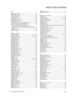 index des Auteurs
A                                                                                                            BUReAU,	Marie-France	....................................................................41
AAPI	................................................................................................ 1,	2   BURke,	Tanaquil	..............................................................................81
ABARRATeGUI,	eugène	...................................................................77                    C
ALBeRT,	Marie-France	................................................................... 101
                                                                                                             CAMPBeLL	sCoTT,	Gordon	.............................................................68
ALLAIRe,	Jean-Pierre	...................................................................... 79
                                                                                                             CANTIN,	Daniel	................................................................................ 47
ALLARD,	Marie-Pierre	.....................................................................48
                                                                                                             CANTIN,	Isabelle........................................................................ 83,	87
ANTAkI,	Nabil	N.	..............................................................................15
                                                                                                             CANTIN,	Jean-Maurice	........................................................ 82,	83,	87
ARBoUR,	Jean-Maurice	............................................................ 37,	58
                                                                                                             CANTIN	CUMyN,	Madeleine	...........................................................98
ARCHAMBAULT,	Jean-Denis	............................................................. 9
                                                                                                             CARNwATH,	James	D.		.................................................................... 34
ARseNAULT,	Pierre	........................................................................ 101
                                                                                                             CARRé,	Dobah	 ................................................................................96
                                                                                                                             .
Association	du	Barreau	canadien,	division	Québec	........................89
                                                                                                             CARUso,	Barbara	Jo	.......................................................................58
Association	du	jeune	Barreau	de	Montréal	..................................... 53
                                                                                                             CAsToNGUAy,	Lynne	......................................................................20
Association	internationale	francophone	des		
                                                                                                             Centre	de	recherche	en	droit	privé	et	comparé	du	Québec	 .. 8,	33,	34               .
	 intervenants	auprès	des	familles	séparées	(AIFI)	 ...................... 43  .
                                                                                                             CHAMBeRLAND,	Luc	...................................................................... 70
Association	sur	l’accès	et	la	protection	de	l’information	(AAPI)	....... 2
                                                                                                             Chambre	des	notaires	du	Québec	............................................. 11,	103
AUCoIN,	Louise	.............................................................................. 101
                                                                                                             CHAReTTe,	François	...................................................................... 1,	2
AUDeT,	Georges	.............................................................................. 82
                                                                                                             CHARLeBoIs,	Pierre-olivier	........................................................... 37
AzzARIA,	Georges	 .......................................................................... 23
                           .
                                                                                                             CHICHA,	Marie-Thérèse	...................................................................84
B                                                                                                            CHoUINARD,	Isabelle	.....................................................................64
BACCIGALUPo,	Alain	......................................................................58                  CLAvIeR,	Howie	............................................................................... 63
BACHAND,	Frédéric	..........................................................................16               CLICHe,	Bernard	.................................................................. 70,	79,	84
Barreau	du	Québec	........................................................ 24,	25,	54,	72                    Conférence	des	juristes	de	l’état	....................................................... 4
BAsTARACHe,	Michel	...............................................................20,	26                     Comité	de	la	Revue	du	Barreau	....................................................... 25
BAUDoUIN,	Jean-Louis	....................................................................10                  Commission	de	coopération	environnementale	..................... 99,	100
BeAUCHAMP,	Louis	......................................................................... 52                CoMToIs,	suzanne	........................................................................... 5
BeAUCHAMP,	Michel	........................................................................91                 CoMToIs,	yves	.................................................................................14
BeAUDoIN,	Louis	...................................................................... 34,	35                CoRBeIL,	Myriam	............................................................................ 72
BeAUDRy,	Christian	........................................................................ 79               CoRMIeR,	Isabelle	.......................................................................... 79
BeAULIeU,	Chantal	C.	.....................................................................94                 CôTé,	Charles-emmanuel	 ............................................................... 17
                                                                                                                                               .
BeAUReGARD,	Claude	 ................................................................... 47
                             .                                                                               CôTé,	Pierre-André	......................................................................... 59
BéCHARD,	Donald	 ..........................................................................69
                      .                                                                                      CôTé-HARPeR,	Gisèle	.................................................................... 32
BéLANGeR,	André	 ..........................................................................96
                      .                                                                                      CoURNoyeR,	Guy	..................................................................... 28,	72
BéLANGeR,	Philippe	H.	.................................................................. 39                  CoURNoyeR-PRoULX,	Magali	...................................................... 82
BéLANGeR-HARDy,	Louise	 ...................................................... 19,	20
                                    .                                                                        CoUTU,	Michel	...........................................................................81,	83
BéLIveAU,	Nancy	............................................................................66               CRêTe,	Raymonde	 ........................................................................... 13
                                                                                                                                   .
BéLIveAU,	Nathalie-Anne	 .............................................................. 87
                                  .                                                                          CsMo	Textile	....................................................................................85
BéLIveAU,	Pierre	........................................................................ 31,	32             CUMyN,	Michelle	...............................................................................11
BeLLeMARe,	Daniel	A.		...................................................................68                  d
BeNARoCHe,	Patrick	L.	.................................................................. 82
                                                                                                             DAGeNAIs,	Lucie	France	.................................................................85
BeRGeRoN,	Catherine	A.		...............................................................94
                                                                                                             De	kovACHICH,	Hélène	.................................................................. 63
BéRIAULT,	yves	.................................................................................14
                                                                                                             DeBRUCHe,	Anne-Françoise	..........................................................20
BeRNARD,	yann	..............................................................................84
                                                                                                             DeLeURy,	édith	................................................................................. 9
BeRNIeR,	Linda	............................................................ 84,	86,	94,	95
                                                                                                             DeMeRs,	Francis	.............................................................................94
BéRUBé,	Normand	..........................................................................48
                                                                                                             DesCHêNes,	Louis-Thomas	............................................................51
BIGeNwALD,	Antoine	...................................................................... 56
                                                                                                             DesHARNAIs,	Gaétane	...................................................................96
BIssoNNeTTe,	Alain	 ...................................................................... 29
                          .
                                                                                                             DesLAURIeRs,	Patrice	 ....................................................................10
                                                                                                                                        .
BLANCHeT,	Guy	...............................................................................86
                                                                                                             DesRosIeRs,	Julie	.......................................................................... 28
BLoUIN,	Rodrigue	........................................................................... 83
                                                                                                             DesRosIeRs,	Marie-Claude	.......................................................... 101
BoILARD,	Jean-Guy....................................................................30,	31
                                                                                                             DoNNINI,	Giovanna	 ........................................................................ 79
                                                                                                                                   .
BoIvIN,	Denis	..................................................................................20
                                                                                                             DoRAy,	Raymond	........................................................................... 1,	2
BoNHoMMe,	Robert	.................................................................82,	84
                                                                                                             DoRIoN,	Marie-Hélène	....................................................................81
BosC,	Marc	........................................................................................ 3
                                                                                                             DoRvAL,	Thierry	........................................................................48,	66
BoUCHARD,	Charlaine.....................................................................15
                                                                                                             DoUCeT,	Michel	............................................................................. 101
BoUCHARD,	François	..................................................................... 79
                                                                                                             DoyoN,	Isabelle	.............................................................................. 30
BoUCHeR,	Bernard	...................................................................39,	40
                                                                                                             DRAssINoweR,	Abraham	.............................................................. 73
BoUDReAU	oUeLLeT,	Andréa	.......................................................20
                                                                                                             DUBé,	Nathalie	................................................................................ 72
BoURGeoIs,	Marc	A.	..................................................................... 101
                                                                                                             DUCHAINe,	Pierre	.....................................................................55,	56
BoURGoIGNIe,	Thierry	........................................................ 21,	23,	76
                                                                                                             DUFoUR,	Geneviève	 ........................................................................14
                                                                                                                                     .
BoURQUe,	sophie	.......................................................................... 52
                                                                                                             DULUDe,	Gilles	................................................................................94
BoUvIeR,	Louise	.............................................................................66
                                                                                                             DUPUIs,	Renée	................................................................................ 27
BRADeT,	Denis	................................................................................ 79
                                                                                                             DURoCHeR,	André.......................................................................... 37
BRIèRe,	Germain	.............................................................................98
BRIssoN,	Geneviève	........................................................................ 13               e
BRIssoN,	Jean-Maurice	.................................................................... 8                 école	du	Barreau	du	Québec	..................................................... 92,	93
BRoDeUR,	Marie-Josée	.................................................................. 43                   éLIe,	Pascal...................................................................................... 52
BRoPHy,	Alain	................................................................................. 38           eMANUeLLI,	Claude	........................................................................ 57
BRoUILLeT,	eugénie	....................................................................... 26                eMeRICH,	yaëll	................................................................................96
BRUN,	Henri..................................................................................... 26          eMeRy,	Benoît	................................................................................. 70
BRUNeLLe,	Christian	...................................................................... 83                esPosITo,	Marisa	........................................................................... 63



www.editionsyvonblais.com	                                                                                                                                                                                  105
 