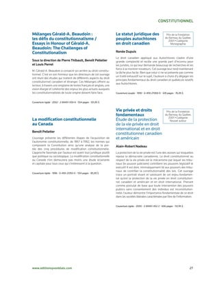constitutionnel


Mélanges Gérald-A. Beaudoin :                                         Le statut juridique des                        Prix de la Fondation
les défis du constitutionnalisme /                                    peuples autochtones                           du Barreau du Québec
                                                                                                                       2001 • Catégorie
Essays in Honour of Gérald-A.                                         en droit canadien                                  Monographie
Beaudoin: The Challenges of
Constitutionalism                                                     Renée Dupuis
                                                                      Le droit canadien appliqué aux Autochtones s’avère d’une
sous la direction de Pierre thibault, Benoît Pelletier                grande complexité et recèle une grande part d’inconnu pour
et louis Perret                                                       les juristes, ce qui leur demande beaucoup de recherches et les
                                                                      force à se montrer novateurs. Cet ouvrage leur rend maintenant
M. Gérald­A. Beaudoin a consacré sa carrière au droit constitu­
                                                                      la tâche plus facile. Bien que celui­ci ne se présente pas comme
tionnel. C’est en son honneur que les directeurs de cet ouvrage
                                                                      un traité exhaustif sur le sujet, l’auteure a choisi d’y dégager les
ont réuni des études qui traitent de différents aspects du droit
                                                                      principes fondamentaux du droit canadien et québécois relatifs
constitutionnel canadien et étranger. Ces Mélanges offrent au
                                                                      aux Autochtones.
lecteur, à travers une vingtaine de textes français et anglais, une
vision élargie et cohérente des enjeux les plus actuels auxquels
les constitutionnalistes de toute origine doivent faire face.         Couverture	souple	•	1999	•	0-459-27069-9	•	328	pages	•	76,95	$


Couverture	rigide	•	2002	•	2-89451-559-6	•	554	pages	•	101,95	$


                                                                      Vie privée et droits         Prix de la Fondation
                                                                      fondamentaux                du Barreau du Québec
                                                                                                     2001 • Catégorie
La modification constitutionnelle                                     Étude	de	la	protection		        Nouvel auteur
au Canada                                                             de	la	vie	privée	en	droit		
                                                                      international	et	en	droit		
Benoît Pelletier
                                                                      constitutionnel	canadien		
L’ouvrage présente les différentes étapes de l’acquisition de         et	américain
l’autonomie constitutionnelle, de 1867 à 1982, les normes qui
composent la Constitution ainsi qu’une analyse de la por­             Alain-Robert nadeau
tée des cinq procédures de modification constitutionnelle.
L’approche favorisée par l’auteur est avant tout juridique plutôt     La protection de la vie privée est l’une des assises sur lesquelles
que politique ou sociologique. La modification constitutionnelle      repose la démocratie canadienne. Le droit constitutionnel au
au Canada n’en demeurera pas moins une étude éclairante               respect de la vie privée est le mécanisme par lequel les tribu­
et capitale pour tous ceux qui s’intéressent à la question.           naux (le pouvoir judiciaire) contrôlent les pouvoirs législatif et
                                                                      exécutif. Il est donc intrinsèquement lié aux pouvoirs des tribu­
                                                                      naux de contrôler la constitutionnalité des lois. Cet ouvrage
Couverture	rigide	•	1996	•	0-459-23353-X	•	554	pages	•	85,95	$
                                                                      trace un portrait vivant et saisissant de cet enjeu fondamen­
                                                                      tal qu’est la protection de la vie privée en droit constitution­
                                                                      nel canadien et américain et en droit international. Prenant
                                                                      comme postulat de base que toute intervention des pouvoirs
                                                                      publics sans consentement des individus est inconstitution­
                                                                      nelle, l’auteur démontre l’importance fondamentale de ce droit
                                                                      dans les sociétés libérales caractérisées par l’ère de l’information.


                                                                      Couverture	rigide	•	2000	•	2-89451-452-2	•	606	pages	•	112,95	$




www.editionsyvonblais.com	                                                                                                              27
 