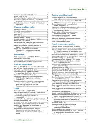taBLe des matières

Comment déposer devant les tribunaux ............................68                          santé et sécurité au travail
How to Testify in Court ........................................................68
Manuel juridique de l’enquêteur (Le) .................................68                     Droit à la protection de la santé mentale au
Psychologie de l’enquête criminelle – La recherche                                              travail (Le) ....................................................................... 78
  de la vérité ......................................................................68      Lois sur la santé et la sécurité du travail 2009-2010,
Psychologie des entrevues d’enquête – De la recherche                                           4e édition ......................................................................... 78
  à la pratique ....................................................................68       Gestion des accidents du travail au Québec :
                                                                                                guide de l’employeur (La) ............................................... 79
Preuve et procédure civiles                                                                  Harcèlement et les lésions psychologiques (Le) ................ 79
                                                                                             Loi sur les accidents du travail et les maladies
Appel (L’), 2e édition ............................................................69
                                                                                                professionnelles, 6e édition ............................................ 79
Manuel de l’objection, 3e édition ........................................69
                                                                                             Qualité de l’air intérieur : aspects techniques,
Contrat de transaction (Le) ................................................. 70
                                                                                                médicaux et juridiques (La), 3e édition ........................... 79
Injonction (L’) ....................................................................... 70
                                                                                             Notion de lésion professionnelle – analyse
Manuel de plaidoirie ........................................................... 70
                                                                                                jurisprudentielle, 4e édition ............................................80
Mémoire de frais, 3e édition ................................................ 70
                                                                                             Réparation des lésions professionnelles – analyse
Précis de procédure civile du Québec, 4e édition ............... 70
                                                                                                jurisprudentielle (La) ......................................................80
Preuve civile (La), 4e édition................................................. 71
                                                                                             Traité d’expertise médico-légale ........................................80
Recours collectif, le rôle du juge et sa conception de
   la justice : impact et évolution (Le).................................. 71                travail et ressources humaines
Règles de pratique des tribunaux judiciaires du
   Québec – Texte annoté .................................................... 71             Droit des rapports collectifs du travail au Québec ..............81
Règles des Cours fédérales et documents                                                      Surveillance de l’utilisation d’Internet au travail (La) .........81
   connexes 2006 / Federal Courts Rules and                                                  Abus d’autorité au travail : une forme de harcèlement
   Related Documents 2006 ............................................... 71                   (L’) / Abuse of Authority in the Workplace: A Form
                                                                                               of Harassment ................................................................ 82
Professionnel                                                                                Assurance collective en milieu de travail (L’), 2e édition .... 82
                                                                                             Conflits organisationnels : restez maître du jeu ! (Les) ...... 82
Code des professions annoté 2009, 2e édition................... 72
                                                                                             Congédiement déguisé au Québec (Le) ............................. 82
Précis de droit professionnel .............................................. 72
                                                                                             Congédiement en droit québécois (Le), 3e édition ............. 82
Guide 2009 sur les conflits d’intérêts ................................ 72
                                                                                             Dénonciation d’actes répréhensibles en mileu de
Recueil 2009 de documentation professionnelle .............. 72
                                                                                               travail ou whistleblowing (La) ......................................... 83
Propriété intellectuelle                                                                     Discrimination et obligation d’accommodement en
                                                                                               milieu de travail syndiqué .............................................. 83
Langues et droit d’auteur / Language and Copyright ....... 73
                                                                                             Droit administratif du travail .............................................. 83
Loi sur le droit d’auteur, 8e édition...................................... 73
                                                                                             Droit de l’arbitrage de grief, 5e édition ............................... 83
Cahiers de propriété intellectuelle (Les) ............................ 74
                                                                                             Droit du travail du Québec (Le), 6e édition .........................84
Droit de distribution : analyse historique et
                                                                                             Droits de la personne et les relations du travail (Les) ........84
  comparative en droit d’auteur (Le) ................................. 74
                                                                                             Équité salariale : mise en œuvre et enjeux (L’),
Droit de la propriété intellectuelle (Le) .............................. 74
                                                                                               2e édition .........................................................................84
Législation canadienne en propriété intellectuelle
                                                                                             Even More Questions Frequently Asked in Québec
  2010 / Canadian Legislation on Intellectual
                                                                                               Labour & Employment Law ............................................84
  Property 2010 ................................................................. 74
                                                                                             Face cachée des conditions de travail : les situations
Nouvelles approches en propriété intellectuelle dans
                                                                                               d’atteintes à la santé psychologique (La).......................85
  un monde transsystémique / Intellectual Property
                                                                                             Guide pratique de l’arbitrage de grief au Québec ..............85
  at the Edge: New Approaches to IP in a
                                                                                             Guide pratique de gestion des ressources humaines
  Transsystemic World....................................................... 74
                                                                                               pour PME ........................................................................85
santé                                                                                        Index et résumés de sentences arbitrales de griefs,
                                                                                               tome XXV ........................................................................85
Droit de la santé en bref 2009-2010 .................................. 75                    Loi sur l’équité salariale annotée ........................................86
Droit des médicaments au Canada et d’autres produits                                         Lois du travail 2009-2010 (Les), 16e édition .......................86
   de santé, 2e édition (Le) .................................................. 75           Mesures disciplinaires et non disciplinaires dans les
Accidents thérapeutiques et protection du                                                      rapports collectifs du travail (Les), 2e édition.................86
   consommateur................................................................ 76           New Standards for Protection Against Psychological
Aspects médico-légaux de la chirurgie laparoscopique .... 76                                   Harassment in the Workplace: A Modern-Day
Bulletin Droit de la santé BDS ........................................... 76                  Approach (The) ...............................................................86
Droit de la santé – Lois et règlements annotés ................. 76                          Normes du travail (Les) ...................................................... 87
Éléments de responsabilité civile médicale, 3e édition .......77                             Nouvelles normes de protection en cas de
Intégrité de la personne et le consentement aux                                                harcèlement psychologique au travail :
   soins (L’), 2e édition ..........................................................77         une approche moderne (Les).......................................... 87
Règlement sur certaines conditions de travail                                                OPTRA: Job Entry Core Program........................................ 87
   applicables aux cadres des agences et des                                                 Politiques contre le harcèlement au travail et réflexions
   établissements de santé et de services sociaux                                              sur le harcèlement psychologique, 2e édition ................ 87
   annoté ..............................................................................77   Référence RH (La) ...............................................................88



www.editionsyvonblais.com                                                                                                                                                            V
 