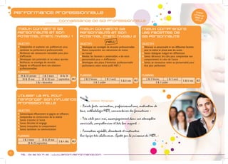 7
Tél : 04 82 53 71 45 - www.afcom-performance.com
« Formation agréable, déroutante et instructive.
Une équipe très chaleureuse.. Épatée par la puissance du MBTI..»
Performance professionnelle
COnnaissance de soi professionnelle
« Points forts: animation, professionnalisme, motivation de
tous, méthodologie MBTI, commentaires des formatrices »
« Très utile pour moi, accompagnement dans une atmosphère
conviviale, compréhension et très bon support. »
Quelques Témoignages :
Mieux connaître sa
personnalité et son
potentiel (MBTI) Niveau 1
OBJECTIFS
zzComprendre et exploiter ses préférences pour
	 optimiser sa performance professionnelle
zzRenforcer ses ressources naturelles pour plus
	 d’efficacité
zzDévelopper ses potentiels et sa valeur ajoutée
zzRenforcer sa stratégie de réussite
zzGagner en efficacité dans ses relations
	professionnelles
PLANNING
29 & 30 janvier 2 & 3 mars 28 & 29
septembre18 & 19 mai 29 & 30 juin
3 & 4 décembre
Mieux connaître sa
personnalité et son
potentiel (MBTI) Niveau 2
OBJECTIFS
zzDévelopper ses stratégies de réussites professionnelles
zzMieux comprendre son mécanisme de stress
	 au travail
zzRévéler les facettes « potentielles » de votre
	 personnalité pour + d’efficience
zzDévelopper des plans d’évolution professionnelle
	 performants selon votre profil MBTI 2
PLANNING
2 & 3 février 2 & 3 avril
5 & 6 nov.
2 & 3 juillet
Mieux comprendre
les facettes de
sa personnalité
OBJECTIFS
zzDécouvrir sa personnalité et ses différentes facettes
	 pour se mettre en phase avec les autres
zzSavoir dialoguer malgré les différences
zzSavoir découvrir les clés pour comprendre son
	 comportement et celui de l’autre
zzSavoir se ressourcer selon sa personnalité pour
	 être plus performant
PLANNING
2 & 3 février 2 & 3 avril
5 & 6 nov.
2 & 3 juillet
Utiliser la PNL pour
renforcer son influence
professionnelle
OBJECTIFS
zzCommuniquer efficacement et gagner en influence
zzComprendre la construction de la réalité
zzSavoir s’ajuster à l’autre
zzSavoir décoder le langage
zzSavoir interpréter le comportement
zzSavoir optimiser sa communication
PLANNING
2 & 3 mars 18 & 19 mai
3 & 4 déc.
28 & 29 septembre
TARIF
UNIQUE
390 €
HT/J
2j2j
2j
2j
new
 