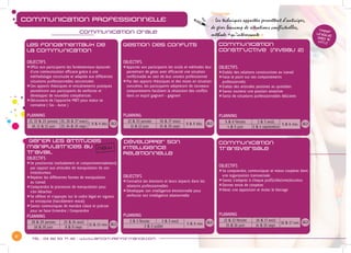 9
Tél : 04 82 53 71 45 - www.afcom-performance.com
communication PROFESSIONNELLE
Communication orale
« Les techniques apportées permettent d’anticiper,
de gérer beaucoup de situations conflictuelles,
méthode +qu’intéressante »
Témoignage :
GérER LES attitudes
manipulatrices au
travail
OBJECTIFS
zzSe positionner (verbalement et comportementalement)
	 par rapport aux attitudes de manipulation de son
	interlocuteur
zzRepérer les différentes formes de manipulation
	 au travail
zzComprendre le processus de manipulation pour
	 s’en détacher
zzSe référer et s’appuyer sur le cadre légal en vigueur
	 en entreprise (harcèlement moral)
zzSavoir communiquer de manière claire et précise
	 pour se faire Entendre / Comprendre
PLANNING
28 & 29 janvier 23 & 24 avril
12 & 13 nov.
18 & 19 juin 8 & 9 sept.
Les fondamentaux de
la communication
OBJECTIFS
zzOffrir aux participants les fondamentaux éprouvés
	 d’une communication efficace grâce à une
	 méthodologie structurée et adaptée aux différentes
	 situations professionnelles rencontrées
zzCes apports théoriques et entraînements pratiques
	 permettront aux participants de renforcer et
	 développer de nouvelles compétences
zzDécouverte de l’approche MBTI pour mieux se
	 connaître ( Soi - Autre )
PLANNING
21, 22 & 23 janvier 25, 26 & 27 mars
7, 8 & 9 déc.
10, 11 & 12 juin 23, 24 & 25 sept.
Communication
constructive (niveau 2)
OBJECTIFS
zzEtablir des relations constructives au travail
zzFaire le point sur ses comportements
	professionnels
zzEtablir des attitudes positives au quotidien
zzSavoir soutenir une position assertive
zzSortir de situations professionnelles délicates
PLANNING
5 & 6 février 2 & 3 avril
5 & 6 nov.
4 & 5 juin 3 & 4 septembre
Gestion des conflits
OBJECTIFS
zzApporter aux participants les outils et méthodes leur
	 permettant de gérer avec efficacité une situation
	 conflictuelle au sein de leur univers professionnel
zzPar des apports théoriques et des mises en situation
	 concrètes, les participants adopteront de nouveaux
	 comportements facilitant la résolution des conflits
	 dans un esprit gagnant – gagnant
PLANNING
22 & 23 janvier 26 & 27 mars
8 & 9 déc.
11 & 12 juin 24 & 25 sept.
Développer son
Intelligence
Relationnelle
OBJECTIFS
zzConnaître les émotions et leurs impacts dans les
	 relations professionnelles
zzDévelopper son intelligence émotionnelle pour
	 renforcer son intelligence relationnelle
PLANNING
2 & 3 février 2 & 3 avril
5 & 6 nov.
2 & 3 juillet
Communication
transversale
OBJECTIFS
zzSe comprendre, communiquer et mieux coopérer dans
	 une organisation transversale
zzSavoir s’adapter à chaque profil/rôle/interlocuteur
zzDonner envie de coopérer
zzGérer une opposition et éviter le blocage
PLANNING
12 & 13 février 16 & 17 avril
16 & 17 nov.
15 & 16 juin 14 & 15 sept.
TARIF
UNIQUE
390 €
HT/J
new
2j
3j 2j
2j2j
2j
 