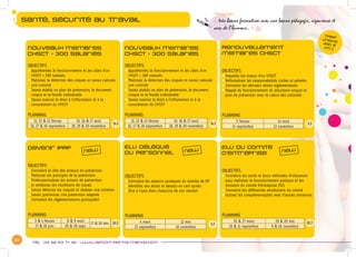 23
Tél : 04 82 53 71 45 - www.afcom-performance.com
santé, sécurité au travail « très bonne formation avec une bonne pédagogie, rigoureuse et
avec de l’humour.. »
Témoignage :
Nouveaux Membres
CHSCT < 300 salariés
OBJECTIFS
zzAppréhender le fonctionnement et les rôles d’un
	 CHSCT < 300 salariés
zzMaîtriser la détection des risques et savoir calculer
	 une criticité
zzSavoir établir un plan de prévention, le document
	 unique et la feuille individuelle
zzSavoir exercer le droit à l’information et à la
	 consultation du CHSCT
PLANNING
11, 12 & 13 février 15, 16 & 17 avril
16, 17 & 18 septembre 18, 19 & 20 novembre
Nouveaux Membres
CHSCT > 300 salariés
OBJECTIFS
zzAppréhender le fonctionnement et les rôles d’un
	 CHSCT > 300 salariés
zzMaîtriser la détection des risques et savoir calculer
	 une criticité
zzSavoir établir un plan de prévention, le document
	 unique et la feuille individuelle
zzSavoir exercer le droit à l’information et à la
	 consultation du CHSCT
PLANNING
11, 12 & 13 février 15, 16 & 17 avril
16, 17 & 18 septembre 18, 19 & 20 novembre
Renouvellement
membres CHSCT
OBJECTIFS
zzRappeler les enjeux d’un CHSCT
zzReformaliser les responsabilités civiles et pénales
zzConnaître les derniers textes réglementaires
zzRappel du fonctionnement du document unique et
	 plan de prévention avec le calcul des criticités
PLANNING
5 février 14 avril
14 septembre 13 novembre
Devenir IPRP
OBJECTIFS
zzConnaître le rôle des acteurs en prévention
zzMaîtriser les principes de la prévention
zzProfessionnaliser les actions de prévention
	 et améliorer les conditions de travail
zzSavoir détecter les risques et réaliser une cotation
zzSavoir préconiser une prévention adaptée
zzConnaître les réglementations principales
PLANNING
3 & 4 février 8 & 9 avril
17 & 18 déc.
17 & 18 juin 29 & 30 sept.
Elu délégué
du personnel
OBJECTIFS
zzConnaître les aspects juridiques du mandat de DP
zzIdentifier ses droits et devoirs en tant qu’élu
zzEtre à l’aise dans l’exercice de son mandat
PLANNING
4 mars 12 mai
21 septembre 16 novembre
Elu du comité
d’entreprise
OBJECTIFS
zzConnaître les outils et leurs méthodes d’utilisation
	 pour maîtriser le fonctionnement pratique et les
	 missions du comité d’entreprise (CE)
zzConnaître les différentes attributions du comité
zzUtiliser les complémentarités avec d’autres instances
PLANNING
26 & 27 mars 19 & 20 mai
10 & 11 septembre 9 & 10 novembre
new new new
2j
3j 3j
1j
1j
2j
TARIF
UNIQUE
450 €
HT/J
 