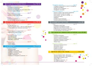 éfficacité professionnelle..........................pAGE 13-14
commercial et achat.......................................pAGE 15-16
Management...........................................................pAGE 17-19
management de projet..................................pAGE 20
formation et ressources humaines....pAGE 21-22
Santé et sécurité travail..............................pAGE 23
Management d’équipe....................................................page 17
Santé sécurité travail.....................................................page 23
Formation...............................................................................page 21
Ressources humaines....................................................page 22
Outils de management...................................................page 18-19
Management relationel..................................................page 18
Stress et temps..................................................................page 13
Relation client....................................................................page 16
Efficacité................................................................................page 13
Force de vente....................................................................page 16
Projet.......................................................................................page 20Accueil.....................................................................................page 15
Créativité.........................................................................................page 14
Achat........................................................................................page 15
zzNouveau manager
zzManagement de proximité
zzAnimation et motivation d’équipe
zzManagement de direction
zzManager la génération Y
zzDévelopper un Management situationnel
zzNouveaux Membres CHSCT < 300 salariés
zzNouveaux Membres CHSCT > 300 salariés
zzRenouvellement membres CHSCT
zzDevenir IPRP
zzElu délégué du personnel
zzElu comité d’entreprise
zzFormation de formateur
zzConcevoir un module de formation
zzAnimer un module de formation
zzDynamique du groupe de formation
zzIngénierie de formation interne
zzMission tuteur
zzRessources humaines de A à Z
zzRecrutement de A à Z
zzEntretien mi carrière
zzPréparer sa retraite
zzPlan de formation de A à Z
zzGestion du temps et des priorités managériales
zzPrise de parole en public du manager
zzPlan d’actions - les bases du pilotage
zzConduite de réunion
zzDélégation
zzEntretien annuel d’évaluation
zzEntretien professionnel efficace
zzIntelligence Relationnelle au service du management
zzLeadership managérial
zzManager osez le changement
zzManagement transversal
zzStress et Emotions au travail
zzGestion du temps et des priorités
zzRelation client
zzClients difficiles
zzDévelopper son potentiel cérébral
zzRenforcer sa concentration
zzAméliorer son orthographe pour être à l’aise à l’écrit
zzLa lecture rapide et efficace
zzTechniques de vente
zzVente au téléphone
zzDéfinir une stratégie commerciale
zzNégociation commerciale
zzMéthodes et outils Projet
zzL’essentiel du management de projet
zzNégociation dans le cadre de projet
zzCommunication transversale en mode projet
zzLa carte mentale un outil de projet
zzAccueil, tout un art
zzGérer les incivilités clients - Gérer les publics agressifs
zz« Look professionnel » Renforcez votre impact
zzAméliorer sa créativité
zzLa carte mentale : un outil de créativité
zzSavoir construire un contrat d’achat
zzNégocier efficacement un achat
new
new
new
new
new
new
new
new
new
new
new
new
new
new
new
new
new
new
new
new
new
new
new
 