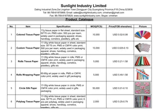 Sunlight Industry Limited
Daling Industrial Zone,Da Lingshan Town,Dongguan City,Guangdong Province,P.R.China,523835
Tel: 86-769-81870869; Email: sales@sunlightindustry.com; crinehan@gmail.com
Fax: 86-769-81870829; www.sunlightindustry.com; Skype: crinehan
Product Catalogue
No. Item Specification MOQ(PCS) Price(FOB shenzhen) Picture
1 Colored Tissue Paper
17g tissue paper in flat sheet; standard size:
50*70 cm; PMS color; 500 pcs per ream,
widely used in packaging apparel, shoes,
handbag, cometics, jewellery, gifts etc
10,000 USD 0.02-0.08
2 Custom Tissue Paper
17-35g white tissue paper in sheet; standard
size: 50*75 cm; PMS or CMYK color print;
500 pcs per ream, widely used in packaging
apparel, shoes, handbag, cometics,
jewellery, gifts etc
10,000 USD 0.025-0.10
3 Rolls Tissue Paper
17-35g white tissue paper in rolls; PMS or
CMYK color print, widely used in packaging
apparel, shoes, handbag, cometics,
jewellery, gifts etc
5,000 USD 0.21-1.58
4 Rolls Wrapping Paper
60-80g art paper in rolls, PMS or CMYK
color print, widely used in gift packaging
5,000 USD 0.49-1.58
5 Circle Silk Paper
17-35g white tissue paper in circle; PMS or
CMYK color print, widely used in gifts
packaging
50,000 USD 0.01-0.10
6 Polybag Tissue Paper
17-35g white tissue paper in sheet; standard
size: 50*75 cm; PMS or CMYK color print; 6
pcs per polybag, widely used in packaging
apparel, shoes, handbag, cometics,
jewellery, gifts etc
2,000 USD 0.25-0.79
 