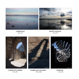 CREPUSCULE REFLETS D’ECLATS
50 x 75 50 x 75
L’ARCHE DE LUMIERE L’OMBRE DES COLONNES PHARAON
53 x 78 80 x 100 53 x 78
 
