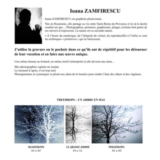 Ioana ZAMFIRESCU
Ioana ZAMFIRESCU est graphiste plasticienne.
Née en Roumaine, elle partage sa vie entre Saint-Rémy-de-Provence et là où le destin
conduit ses pas ... Photographies, peintures, graphismes, pliages, écriture font partie de
ses univers d’expression. La nature est sa seconde nature.
« À l’heure du numérique, de l’ubiquité du virtuel, du reproductible à l’infini ce sont
les techniques « primitives » qui m’intéressent.
J’utilise la gravure ou le pochoir dans ce qu’ils ont de répétitif pour les détourner
de leur vocation et en faire une œuvre unique.
Une même femme au foulard, un même motif réinterprété et elle devient une autre...
Mes photographies captent un instant.
Le moment d’après, il est trop tard.
Photogrammes et cyanotypes se plient aux aléas de la lumière pour rendre l’âme des objets et des végétaux.
TREEDROPS – UN ARBRE EN MAI
BLUEDROPS LE GRAND ARBRE TREADROPS
30 x 40 39 x 52 30 x 40
 