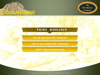 T h e A r t o f B a k e r y
Pain de mie blanc STD / Américain
Pain de mie complet STD / Américain
BUN’S Nature/ Sésames 65g
PA INS MO E L LEUX
 