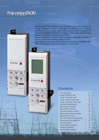 The trip relay of Susol ACB provides the additional protection functions for
voltage, frequency, unbalance, and others in addition to main protection
functions for over current, short-circuit, ground fault. It supports the
advanced measurement functions for voltage, current, power, electric energy,
harmonics, communication function, and others.
Analog trip function interlocked with mechanism enhanced a durability of
devices as well as the breaking capacity of ACB.
Zone selective interlocking function makes the protective coordination more
simple and thermal memory can be applied to various loads.
Trip relay(OCR)Trip relay(OCR)
Contents
Trip relay types 27
N type:��Normal��type 28
A type:��Ammeter��type 30
P type:��Power meter��type 32
S type:��Supreme meter��type 34
Operation characteristic 36
Measurement function 38
Man machine interface 39
Protection element setting 40
Measurement element display 41
Characteristic curves 42
ZSI - Zone Selective Interlocking 45
Remote reset and digital I/O 46
Communication 47
Event & fault recording 48
System information 48
System block diagram 49
 