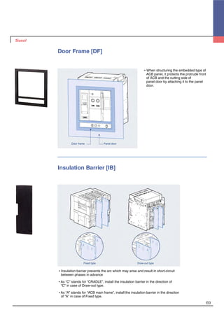 69
Door Frame [DF]
�When structuring the embedded type of
ACB panel, it protects the protrude front
of ACB and the cutting side of
panel door by attaching it to the panel
door.
Panel doorDoor frame
�Insulation barrier prevents the arc which may arise and result in short-circuit
between phases in advance
�As “C” stands for “CRADLE”, install the insulation barrier in the direction of
“C” in case of Draw-out type.
�As “A” stands for “ACB main frame”, install the insulation barrier in the direction
of “A” in case of Fixed type.
Insulation Barrier [IB]
Draw-out typeFixed type
 