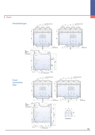 89
4-∅13
(Mounting hole)
Operating panel center
260
412
115
115 115
4-∅13
(Mounting hole)
Operating panel center
260
375
115
200
115200
75
115
115
115
75
75
25 25
15
3-∅13
50
18416
10 375
60 200 115
6-∅13(Mounting hole)
270
78
20083200
483
Test,
Disconnent
position
Connect position
4-∅13
(Mounting hole)
4-∅13
(Mounting hole)
Operating panel center Operating panel center
260 260
412 375
115
115 115 115115
115
115
200
115200
75 75
27018416
10 375 38.5
60 200 115
133
20
350
97
4-∅13, 6-∅13(Mounting hole)
Test,
Disconnent
position
Connect position
50
Horizontal type
3P 4P
3P 4P
<Conductor>
Front
connection
type
 