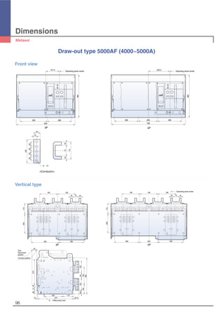 50
270184136
10 375 53.5
200 115
8-∅13(Mounting hole)
39.5125
102183
380
12558
115200
260 260205
190190 190
Operating panel center
2020 70
115200
260295
190 190
2020 70
Test,
Disconnent
position
Connect position
Vertical type
3P 4P
Dimensions
96
Operating panel center
629
460
295 260
147.5
Operating panel center
799
460
205 260260
232.5
125
25252525
34
15
5-∅13
207020
110
Front view
3P 4P
Draw-out type 5000AF (4000~5000A)
<Conductor>
 