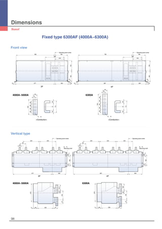 98
Dimensions
Vertical type
6-∅14
(Mounting hole)
20
90
244 244
20
90
244 244 244
Operating panel center
165
4125
6-∅14
(Mounting hole)
Operating panel center
165
4125
577 204 807 204
270
5 60 230 67
57133
37.587.5
270
5 60 230 67
57133
50100
3P 4P
Fixed type 6300AF (4000A~6300A)
562
577
189
280
140
204 1212
10
160150
Operating panel center
12 12807 204
10
160150
189792
280
140
Operating panel center
125
25252525
34
15
5-∅13
207020
110
207020
110
150
2525252525
34
15
6-∅13
Front view
3P
4000A~5000A 6300A
4000A~5000A 6300A
<Conductor> <Conductor>
4P
 