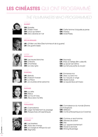 LES CINÉASTES QUI ONT PROGRAMMÉ
THE FILMMAKERS WHO PROGRAMMED
10
LESCINÉASTES-ACID-CANNES2018
LAURENT
BÉCUE-RENARD
LM | Of Men and War [Des hommes et de la guerre]
LM | De guerre lasses
MARIE
DUMORA
LM | Belinda
LM | Forbach Forever
LM | La Place
LM | Je voudrais aimer personne
LM | Emmenez-moi
LM | Avec ou sans moi
LM | Tu n’es pas un ange
CM | Après la pluie
CM | Le square Burq est impec
PHILIPPE
FERNANDEZ
LM | Cosmodrama
LM | Léger tremblement du paysage
CM | Perspectives atmosphériques
CM | Connaissance du monde (Drame
psychologique)
CM | Réflexion
CM | Conte philosophique (La Caverne)
JEAN-LOUIS
GONNET
LM | Les forestiers
LM | Ados des champs
CM | Le voyage en Afrique du sud
CM | Stigmates
CM | Comme un seul homme
CM | Histoires de poison
CM | Fée
CM | Luc apprend lentement
CM | Travail à domicile
CM | Filming Muybridge
AURÉLIA
BARBET
CM | Epopée
LM | Passer l’hiver
CM | Ceux qui restent
CM | Des cabanes en l’air
CM | Cette femme à laquelle je pense
CM | Holiday
CM | Hotel Plasky
KARIM
BENSALAH
CM | Les heures blanches
CM | Chibanis
CM | Chantier(s)
CM | Le cœur gros
CM | Racine(s)
LM | Paris, la métisse (film collectif)
CM | Le secret de Fatima
CM | Ça fait pas partie du boulot
ALICE
FARGIER
CM | La visite
CM | Kâbus
CM | Le mur et l’eau
CM | Alice dans ma tête
 