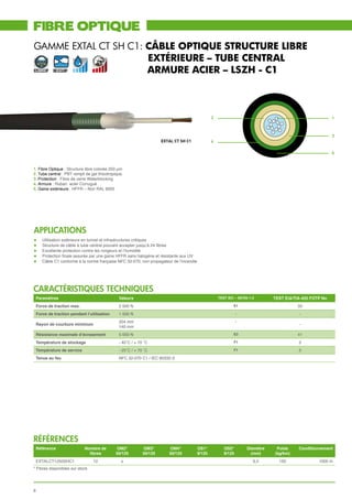 fibre optique
GAMME EXTAL CT SH C1: Câble optique structure libre
                      extérieure – Tube central
	LIBRE          EXT   Armure acier – LSZH - C1



                                                                                                  2                                                         1



                                                                                                                                                            3
                                                                     EXTAL CT SH C1               4

                                                                                                                                                            5


1. Fibre Optique : Structure libre colorée 250 µm
2. Tube central : PBT rempli de gel thixotropique
3. Protection : Fibre de verre Waterblocking
4. Armure : Ruban acier Corrugué
5. Gaine extérieure : HFFR – Noir RAL 9005




applications
l	     Utilisation extérieure en tunnel et infrastructures critiques
l	     Structure de câble à tube central pouvant accepter jusqu’à 24 fibres
l	     Excellente protection contre les rongeurs et l’humidité
l	     Protection finale assurée par une gaine HFFR sans halogène et résistante aux UV
l	     Câble C1 conforme à la norme française NFC 32-070, non propagateur de l’incendie




CARACTéRISTIqueS TECHNIques
    Paramètres                                 Valeurs                                                TEST IEC – 60794-1-2       TEST EIA/TIA-455 FOTP No
    Force de traction max.                     2 500 N                                                        E1                           33
    Force de traction pendant l’utilisation    1 500 N                                                           -                          -
                                               204 mm                                                            -
    Rayon de courbure minimum                                                                                                               -
                                               140 mm
    Résistance maximale d’écrasement           5 000 N                                                        E3                           41
    Température de stockage                    - 40˚C / + 70 ˚C                                               F1                            3
    Température de service                     - 25˚C / + 70 ˚C                                               F1                            3
    Tenue au feu                               NFC 32-070 C1 / IEC 60332-3




références
    Référence                Nombre de        OM2*          OM3*        OM4*              OS1*           OS2*         Diamètre    Poids     Conditionnement
                               fibres         50/125        50/125      50/125            9/125          9/125          (mm)     (kg/km)
    EXTALCT1250SHC1               12            x                                                                        9,5       150               1000 m
* Fibres disponibles sur stock




8
 