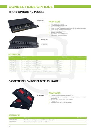 CONNECTIQUE OPTIQUE
TIROIR OPTIQUE 19 POUCES


                                                 49TO1LC12G
                                                                         AVANTAGES
                                                                             Tiroir optique 1 U 19 pouces
                                                                             Couleur gris anthracite RAL 7016
                                                                             Clips de verrouillage avant
                                                                             Equipé d’un kit de lovage (peut être remplacé par des cassette de lovage)
                                                                             Les vis pour les traversées sont intégrées
                                                                             Système de blocage des câbles
                                                                             Ajustable en profondeur
                                                                             Disponible en version ST, SC et LC
                                                                             Disponible en version pré équipée



                                                            49TO1SC12G



                                                            49TO1ST24G




RÉFÉRENCES
Référence      Désignation                                                                            Capacité                     Conditionnement
                                                                                         Traversée
49TO1ST12G     Tiroir non équipé pour traversée ST simplex                             12 ST simplex                12                              1
49TO1ST24G     Tiroir non équipé pour traversée ST simplex                             24 ST simplex                24                              1
49TO1SC12G     Tiroir non équipé pour traversée SC duplex                              12 SC duplex                 24                              1
49TO1SC6G      Tiroir équipé de 6 traversées SC duplex – 6 SC duplex à équiper         12 SC duplex                 24                              1
49TO1LC24G     Tiroir non équipé pour traversée LC duplex                              24 LC duplex                 48                              1
49TO1LC12G     Tiroir équipé de 12 traversées LC duplex – 12 LC duplex à équiper       24 LC duplex                 48                              1




CASSETTE DE LOVAGE ET D’ÉPISSURAGE



                                                                         AVANTAGES
                                               48K7BASE6FO                   Cassette de lovage empilable ( max 4 sur 1 U )
                                                                             Permet de lovage des brins optiques et le blocage mécanique des splices
                                                                             ou épissures
                                                                             Peut être utilisé dans les tiroirs optiques MMC
                                                                             Plastique noir
                                                                             Dimensions : 98 x 160 x 9 mm par cassette




RÉFÉRENCES
 Référence            Désignation                                                                                                   Conditionnement
 48K7BASE6FO                                                                                                                                         1
 48K7MOD6FO                                                                                                                                          1



114
 