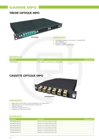 GAMME MPO
TIROIR OPTIQUE MPO




                                       MPOTIR3MOD
                                                                             AVANTAGES
                                                                                 Tiroir optique modulaire 19 pouces pour 3 cassettes MPO
                                                                                 Tiroir coulissant
                                                                                 Métal gris anthracite
                                                                                 Système de gestion du câble arrière




RÉFÉRENCES
 Référence                                       Désignation                                                                         Conditionnement
 MPOTIR3MOD                                      Tiroir coulissant 19 pouces pour 3 modules MPO                                                    1




CASSETTE OPTIQUE MPO




                                                               MPOMOD60M2SCD


AVANTAGES
      Disponible en SC ou LC Duplex Multimode ou Monomode
      Métal gris anthracite
      Conforme à la norme IEC 874-14




RÉFÉRENCES
 Référence                                       Désignation                                                                          Conditionnement
 MPOMOD6OM2SCD                                   Module 6 SC Duplex Multimode OM2                                                                  1
 MPOMOD6OM4SCD                                   Module 6 SC Duplex Multimode OM4                                                                  1
 MPOMOD6OS2SCD                                   Module 6 SC Duplex Monomode OS2                                                                   1
 MPOMOD6OM2LCD                                   Module 6 LC Duplex Multimode OM2                                                                  1
 MPOMOD6OM4LCD                                   Module 6 LC Duplex Multimode OM4                                                                  1
 MPOMOD6OS2LCD                                   Module 6 LC Duplex Monomode OS2                                                                   1



118
 