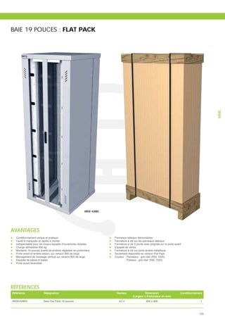 BAIE 19 POUCES : FLAT PACK




                                                                                                                                                MMC
                                                          XBSE 4288G




AVANTAGES
  Conditionnement unique et pratique                                   Panneaux latéraux démontables
  Facile à manipuler et rapide à monter                                Fermeture à clé sur les panneaux latéraux
  Indispensable pour les locaux équipés d’ouvertures réduites          Fermeture à clé 3 points avec poignée sur la porte avant
  Charge admissible 600 kg                                             Equipée de vérins
  Montants 19 pouces avants et arrières réglables en profondeur        Fermeture à clé sur porte arrière métallique
  Porte avant et arrière saloon, sur version 800 de large              Seulement disponible en version Flat Pack
  Management de brassage vertical sur version 800 de large             Couleur : Panneaux : gris clair (RAL 7035)
                                                                                 Poteaux : gris clair (RAL 7035)
  Porte avant réversible




RÉFÉRENCES
Référence                  Désignation                                  Hauteur                 Dimension                     Conditionnement
                                                                                      (Largeur x Profondeur en mm)
XBSE4288G                  Baie Flat Pack 19 pouces                       42 U                   800 x 800                                 1



                                                                                                                                          123
 