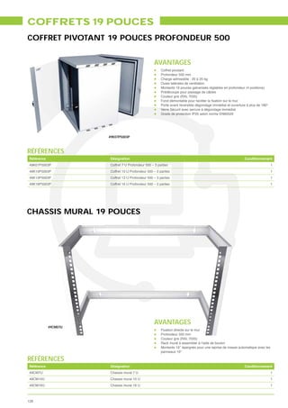 COFFRETS 19 POUCES
COFFRET PIVOTANT 19 POUCES PROFONDEUR 500


                                                   AVANTAGES
                                                        Coffret pivotant
                                                        Profondeur 500 mm
                                                        Charge admissible : 20 à 25 kg
                                                        Ouies latérales de ventilation
                                                        Montants 19 pouces galvanisés réglables en profondeur (4 positions)
                                                        Prédécoupe pour passage de câbles
                                                        Couleur gris (RAL 7035)

                                                        Porte avant réversible dégondage immédiat et ouverture à plus de 180°
                                                        Verre Sécurit avec serrure à dégondage immédiat
                                                        Grade de protection IP20 selon norme EN60529




                       49K07P5003P



RÉFÉRENCES
 Référence             Désignation                                                                            Conditionnement
 49K07P5003P           Coffret 7 U Profondeur 500 – 3 parties                                                                   1
 49K10P5003P           Coffret 10 U Profondeur 500 – 3 parties                                                                  1
 49K13P5003P           Coffret 13 U Profondeur 500 – 3 parties                                                                  1
 49K16P5003P           Coffret 16 U Profondeur 500 – 3 parties                                                                  1




CHASSIS MURAL 19 POUCES




                                                   AVANTAGES
             49CM07U
                                                        Fixation directe sur le mur
                                                        Profondeur 350 mm
                                                        Couleur gris (RAL 7035)
                                                        Rack mural à assembler à l’aide de boulon
                                                        Montants 19’’ épargnés pour une reprise de masse automatique avec les
                                                        panneaux 19’’

RÉFÉRENCES
 Référence             Désignation                                                                            Conditionnement
 49CM7U                Chassis mural 7 U                                                                                        1
 49CM10U               Chassis mural 10 U                                                                                       1
 49CM16U               Chassis mural 16 U                                                                                       1



128
 