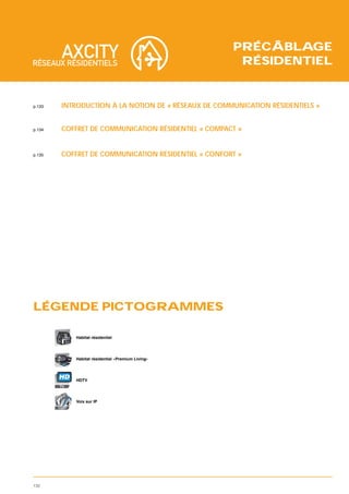 PRÉCÂBLAGE
                                                       RÉSIDENTIEL


p.133    INTRODUCTION À LA NOTION DE « RÉSEAUX DE COMMUNICATION RÉSIDENTIELS »


p.134    COFFRET DE COMMUNICATION RÉSIDENTIEL « COMPACT »


p.135    COFFRET DE COMMUNICATION RÉSIDENTIEL « CONFORT »




LÉGENDE PICTOGRAMMES

               Habitat résidentiel




               Habitat résidentiel «Premium Living»



        HD     HDTV




               Voix sur IP
        VoIP




132
 