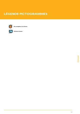 LÉGENDE PICTOGRAMMES




  TV   Télévision terrestre




                                    TÉLÉPHONIE




                              137
 