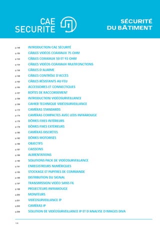 SÉCURITÉ
                                                       DU BÂTIMENT


p.148   INTRODUCTION CAE SÉCURITÉ
p.150   CÂBLES VIDÉOS COAXIAUX 75 OHM
p.153   CÂBLES COAXIAUX 50 ET 93 OHM
p.154   CÂBLES VIDÉOS COAXIAUX MULTIFONCTIONS
p.156   CÂBLES D’ALARME
p.158   CÂBLES CONTRÔLE D’ACCÈS
p.162   CÂBLES RÉSISTANTS AU FEU
p.165   ACCESSOIRES ET CONNECTIQUES
p.167   BOÎTES DE RACCORDEMENT
p.168   INTRODUCTION VIDÉOSURVEILLANCE
p.169   CAHIER TECHNIQUE VIDÉOSURVEILLANCE
p.172   CAMÉRAS STANDARDS
p.174   CAMÉRAS COMPACTES AVEC LEDS INFRAROUGE
p.176   DÔMES FIXES INTÉRIEURS
p.178   DÔMES FIXES EXTÉRIEURS
p.180   CAMÉRAS DISCRÈTES
p.182   DÔMES MOTORISÉS
p.186   OBJECTIFS
p.187   CAISSONS
p.189   ALIMENTATIONS
p.190   SOLUTIONS PACK DE VIDÉOSURVEILLANCE
p.191   ENREGISTREURS NUMÉRIQUES
p.195   STOCKAGE ET PUPITRES DE COMMANDE
p.196   DISTRIBUTION DU SIGNAL
p.197   TRANSMISSION VIDÉO SANS FIL
p.198   PROJECTEURS INFRAROUGE
p.200   MONITEURS
p.201   VIDÉOSURVEILLANCE IP
p.202   CAMÉRAS IP
p.206   SOLUTION DE VIDÉOSURVEILLANCE IP ET D’ANALYSE D’IMAGES DIVA


146
 