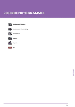 LÉGENDE PICTOGRAMMES



    Habitat résidentiel «Standard»




    Habitat résidentiel «Premium Living»




    Habitat Collectif




    Hospitality




    Corporate




    TNT




                                                 AXITRONIC




                                           209
 