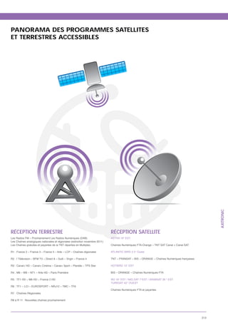 PANORAMA DES PROGRAMMES SATELLITES
ET TERRESTRES ACCESSIBLES




                                                                                                                 AXITRONIC

RÉCEPTION TERRESTRE                                                   RÉCEPTION SATELLITE
L                                                                     A

Les Chaînes gratuites et payantes de la TNT réparties en Multiplex.




                                                                      Chaînes Numériques FTA et payantes




                                                                                                           213
 