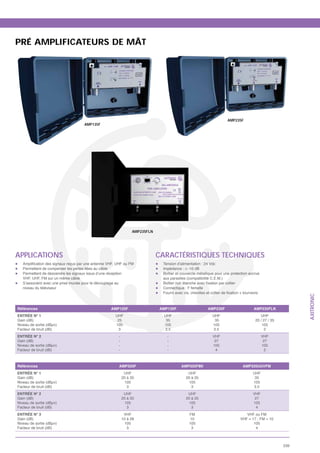 PRÉ AMPLIFICATEURS DE MÂT




                                                                                                                       AMP235F
                                      AMP135F




                                                                    AMP235FLN




APPLICATIONS                                                                    CARACTÉRISTIQUES TECHNIQUES
                                                                                 Tension d’alimentation : 24 Vdc
   Permettent de compenser les pertes liées au câble                             Impédance : > -10 dB
   Permettent de descendre les signaux issus d’une réception                     Boîtier et couvercle métallique pour une protection accrue
   VHF, UHF, FM sur un même câble                                                aux parasites (compatibilité C.E.M.)
   S’associent avec une prise murale pour le découplage au
   niveau du téléviseur                                                          Connectique : F femelle




                                                                                                                                                             AXITRONIC
Références                                            AMP125F                   AMP135F                    AMP235F                     AMP235FLN
ENTRÉE N° 1                                             UHF                       UHF                         UHF                          UHF
Gain (dB)                                                25                        35                          35                       20 / 27 / 35
Niveau de sortie (dBμv)                                 105                       105                         105                           105
Facteur de bruit (dB)                                     3                       3.5                         3.5                            2
ENTRÉE N° 2                                               -                        -                          VHF                             VHF
Gain (dB)                                                 -                        -                           27                              27
Niveau de sortie (dBμv)                                   -                        -                          105                             105
Facteur de bruit (dB)                                     -                        -                            4                               2



Références                                                AMP335F                          AMP335FBII                           AMP335UUVFM
ENTRÉE N° 1                                                     UHF                            UHF                                     UHF
Gain (dB)                                                      20 à 35                        20 à 35                                   35
Niveau de sortie (dBμv)                                          105                            105                                    105
Facteur de bruit (dB)                                             3                              3                                     3.5
ENTRÉE N° 2                                                     UHF                            UHF                                     VHF
Gain (dB)                                                      20 à 35                        20 à 35                                   27
Niveau de sortie (dBμv)                                          105                            105                                    105
Facteur de bruit (dB)                                             3                              3                                       4
ENTRÉE N° 3                                                     VHF                             FM                                VHF ou FM
Gain (dB)                                                      10 à 28                           10                            VHF = 17 ; FM = 10
Niveau de sortie (dBμv)                                          105                            105                                   105
Facteur de bruit (dB)                                             3                               3                                    4



                                                                                                                                                       239
 