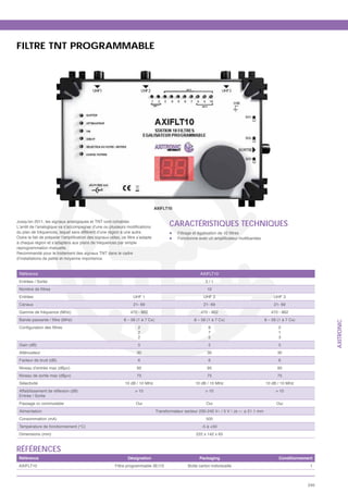 FILTRE TNT PROGRAMMABLE




                                                                             AXIFLT10


Jusqu’en 2011, les signaux analogiques et TNT vont cohabiter.
                                                                                      CARACTÉRISTIQUES TECHNIQUES
du plan de fréquences, lequel sera différent d’une région à une autre.

à chaque région et s’adaptera aux plans de fréquences par simple
reprogrammation manuelle.
Recommandé pour le traitement des signaux TNT dans le cadre
d’installations de petite et moyenne importance.


 Référence                                                                                            AXIFLT10
 Entrées / Sortie                                                                                        3/1
                                                                                                          10
 Entrées                                                         UHF 1                                  UHF 2                                  UHF 3
 Canaux                                                          21- 69                                 21- 69                                 21- 69
 Gamme de fréquence (MHz)                                       470 - 862                             470 - 862                              470 - 862
                                                           8 – 56 (1 à 7 Cx)                       8 – 56 (1 à 7 Cx)                      8 – 56 (1 à 7 Cx)




                                                                                                                                                                    AXITRONIC
                                                                   2                                      8                                      0
                                                                   2                                      7                                      1
                                                                   2                                      5                                      3
 Gain (dB)                                                         5                                      5                                      5
 Atténuateur                                                       30                                     30                                     30
 Facteur de bruit (dB)                                             6                                      6                                      6
 Niveau d’entrée max (dBμv)                                        95                                     95                                     95
 Niveau de sortie max (dBμv)                                       75                                     75                                     75
 Sélectivité                                                10 dB / 10 MHz                         10 dB / 10 MHz                         10 dB / 10 MHz
                                                                  > 10                                   > 10                                   > 10
 Entrée / Sortie
 Passage cc commutable                                            Oui                                    Oui                                    Oui
 Alimentation                                                                  Transformateur secteur 230-240 V~ / 5 V / Ja … ø 21.1 mm
 Consommation (mA)                                                                                       500
 Température de fonctionnement (°C)                                                                    -5 à +50
 Dimensions (mm)                                                                                    222 x 142 x 65


RÉFÉRENCES
 Référence                                                    Désignation                            Packaging                                    Conditionnement
 AXIFLT10                                             Filtre programmable 3E/1S                Boîte carton individuelle                                       1



                                                                                                                                                              245
 
