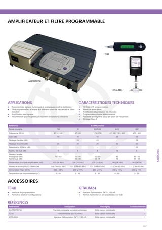 AMPLIFICATEUR ET FILTRE PROGRAMMABLE




                                                                                                                      TC40




                         AXIPROTNT50



                                                                                                                                KITALIM24




APPLICATIONS                                                                            CARACTÉRISTIQUES TECHNIQUES
   Traitement des signaux numériques et analogiques avant la distribution
   Filtre programmable : s’adapte aux différents plans de fréquences et à leur             Niveau de sortie élevé
   évolution
                                                                                           Programmation via une télécommande
   Recommandé pour les petites et moyennes installations collectives                       Possibilité d’enregistrer jusqu’à 8 plans de fréquences
                                                                                           Blindage Class A


Référence                                                                                           AXIPROTNT50
Bande couverte                                          FM                         BI                   BIII/DAB                   AUX                    UHF
Fréquence (MHz)                                      87.5 - 108                  47 - 68                174 - 230            47- 68 / 130 - 862         470 - 862
Gain (dB)                                                40                        40                      40                        23                    53
Réglage d’entrée (dB)                                     -                        25                      23                        -                     23
Réglage de sortie (dB)                                   25                        20                      20                        20                    20
Sélectivité ± 20 MHz (dB)                                 -                         -                       -                        -                     22




                                                                                                                                                                            AXITRONIC
Facteur de bruit (dB)                                    6                         6                        8                        15                     8
Niveau d’entrée
Analogique (dB)                                       71 - 101                   70 - 95                 70 - 93                     90                  60 - 83
Numérique (dB)                                            -                      55 - 80                 55 -78                      75                  45 - 68
                                                    100 (24 Vdc)           100 (24 Vdc)               100 (24 Vdc)             100 (24 Vdc)            100 (24 Vdc)
Niveau de sortie (dBμV) DIN450048                116 (DIM-35 dBc)        121 (DIM-60 dBc)          121 (DIM-60 dBc)          121 (DIM-60 dBc)        121 (DIM-60 dBc)
Alimentation (Vac) 50 Hz                             230 ± 15%              230 ± 15%                  230 ± 15%                230 ± 15%               230 ± 15%
Température de fonctionnement (°C)                     0 - 50                    0 - 50                  0 - 50                    0 - 50                 0 - 50



ACCESSOIRES
TC40                                                                                    KITALIM24
   Interface de programmation                                                              Injecteur d’alimentation 24 V – 150 mA




RÉFÉRENCES
Références                                                         Désignation                                    Packaging                          Conditionnement
AXIPROTNT50                                         Centrale compacte terrestre numérique                Boîte carton individuelle                                      1
TC40                                                     Télécommande pour AXIPRO                        Boîte carton individuelle                                      1
KITALIM24                                            Injecteur d’alimentation 24 V - 150 mA              Boîte carton individuelle                                      1



                                                                                                                                                                      247
 