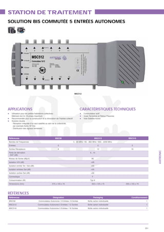 ST TION DE TRAITEMENT
  A
SOLUTION BIS COMMUTÉE 5 ENTRÉES AUTONOMES




                                                                               MSC512




APPLICATIONS                                                                       CARACTÉRISTIQUES TECHNIQUES
   Utilisation pour les petites habitations collectives :                               Commutateur actif
   Bâtiment de 8 à 16 prises maximum                                                    Voies Terrestres et Retour Passives
   Recommandée pour la construction et la rénovation de l’habitat collectif             Voie Satellite Active
   Solution double :
   - Réception intégrale d’un seul satellite au sein de la collectivité,
     par exemple Astra 19° Est.
   - Distribution des signaux terrestres




Références                                            MSC58                                           MSC512                    MSC516
Bandes de Fréquences                                                          5…65 MHz / 85…862 MHz / 950…2200 MHz
Entrées                                                  5                                              5                           5
Sorties Récepteurs                                       8                                              12                         16




                                                                                                                                                      AXITRONIC
Perte de dérivation                                                                            6...10
-SAT (dB)
Niveau de Sortie (dBμV)                                                                          90
Isolation V/H (dB)                                                                              >26
Isolation entrée Ter / Sat (dB)                                                                 >50
Isolation entrées Sat (dB)                                                                      >35
Isolation sorties Sat (dB)                                                                      >30
Connectique                                                                                      F
Consommation (W)                                                                               Typ 9
Dimensions (mm)                                   275 x 125 x 75                                 355 x 125 x 75               355 x 125 x 75




RÉFÉRENCES
Références                                         Désignation                                       Packaging                      Conditionnement
MSC58                             Commutateur Autonome 5 Entrées / 8 Sorties                Boîte carton individuelle                            1
MSC512                            Commutateur Autonome 5 Entrées / 12 Sorties               Boîte carton individuelle                            1
MSC516                            Commutateur Autonome 5 Entrées / 16 Sorties               Boîte carton individuelle                            1




                                                                                                                                                251
 
