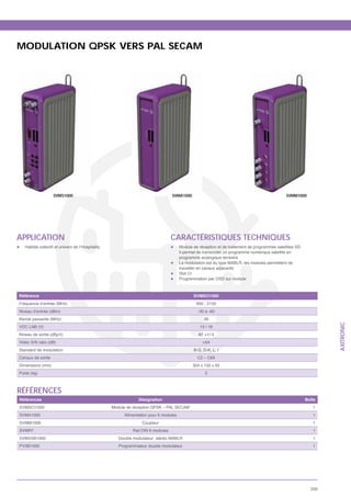 MODULATION QPSK VERS PAL SECAM




                   SVMS1000                                                      SVMA1000                                                     SVMM1000




APPLICATION                                                                      CARACTÉRISTIQUES TECHNIQUES
   Habitat collectif et univers de l’Hospitality                                      Module de réception et de traitement de programmes satellites SD
                                                                                      Il permet de transcoder un programme numérique satellite en
                                                                                      programme analogique terrestre
                                                                                      La modulation est du type MABLR, les modules permettent de
                                                                                      travailler en canaux adjacents
                                                                                      Slot CI
                                                                                      Programmation par OSD sur module



Référence                                                                                    SVMSCI1000
Fréquence d’entrée (MHz)                                                                       950 - 2150
Niveau d’entrée (dBm)                                                                          -30 à -60
Bande passante (MHz)                                                                               36




                                                                                                                                                                 AXITRONIC
VDC LNB (V)                                                                                     13 / 18
Niveau de sortie (dBμV)                                                                         82 +1/-3
Vidéo S/N ratio (dB)                                                                              >54
Standard de modulation                                                                       B-G, D-K, L, I
Canaux de sortie                                                                               C2 – C69
Dimensions (mm)                                                                              304 x 150 x 65
Poids (kg)                                                                                         2



RÉFÉRENCES
Références                                                     Désignation                                                                               Boîte
SVMSCI1000                                         Module de réception QPSK – PAL SECAM                                                                     1
SVMA1000                                                Alimentation pour 6 modules                                                                         1
SVMM1000                                                         Coupleur                                                                                   1
SVMR7                                                       Rail DIN 6 modules                                                                              1
SVMVSB1000                                            Double modulateur stéréo MABLR                                                                        1
PVSB1000                                              Programmateur double modulateur                                                                       1




                                                                                                                                                           259
 