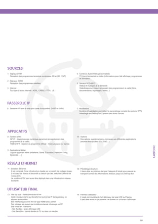 SOURCES
1: Signaux DVBT                                                                  4 : Contenus Audio/Vidéo personnalisés
   Réception des programmes terrestres numériques SD et HD. (TNT)
                                                                                    de formation)
2 : Signaux DVBS
    Réception des programmes satellites                                          5 : Serveur VOD/MOD
                                                                                     Vidéos et musiques à la demande
3 : Internet
    Tout type d’accès internet ( ADSL, CABLE, FTTH, LS )                            documentaires, reportages, séries...)




PASSERELLE IP
6 : Streamer IP¨avec 6 slots pour carte d’acquisition DVBT et DVBS               7 : Middleware
                                                                                     Système d’exploitation permettant le paramétrage complet du systeme IPTV
                                                                                     Adressage des set-top box, gestion des droits d’accès




APPLICATIFS
8 : Gestion VOD :                                                                10 : Options
    NPVR : Magnétoscope numérique personnel (enregistrement des                       Des options supplémentaires connexes aux différentes applications
    programmes à la carte)                                                            peuvent être ajoutées (Ex : CMS...)
    TIMESHIFT : Gestion du programme diffusé : mise sur pause ou reprise




                                                                                                                                                                  AXITRONIC
9 : Applications Métier
    Logiciel applicatif dédié (Hôtellerie, Santé, Éducation, Premium Living,
    Corporate ….)



RÉSEAU ETHERNET
11 : Switches Ethernet                                                           12 : Précâblage structuré
     Il est composé d’une infrastructure basée sur un switch de routage niveau        Il devra être au minimun de type Catégorie 6 blindé pour assurer le
     3 en cœur de réseau et secondé au besoin par des switches Ethernet de            transport correct des informations réseaux jusqu’à la Set-top Box
     niveau 2/2+
     Le système IPTV peut aussi être déployé dans une infrastructure réseau
     existante



UTILISATEUR FINAL
13 : Set-Top box – Télécommande RF/IR                                            14 : Interface Utilisateur
     Carte réseau externe qui transforme les trames IP de la gateway en               Il s’agit communément d’un téléviseur de type LCD ou Plasma
     signaux audio/vidéo
     Ses interfaces peuvent être de type HDMI et/ou péritel
     Son pilotage est assuré par la télécommande infrarouge ou RF
     Elle existe en 2 versions :

    - Set Back Box : caché derrère la TV ou dans un meuble



                                                                                                                                                            261
 