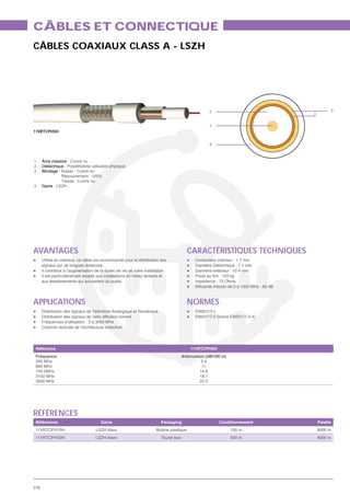 CÂBLES ET CONNECTIQUE
CÂBLES COAXIAUX CLASS A - LSZH




                                                                                                  2                               3


                                                                                                  1
11VRTCPHSH


                                                                                                  4



1. : Âme massive : Cuivre nu
2. : Diélectrique : Polyéthylène cellulaire physique
3. : Blindage : Ruban : Cuivre nu
                Recouvrement : 100%
                Tresse : Cuivre nu
4. : Gaine : LSZH




AVANTAGES                                                                                 CARACTÉRISTIQUES TECHNIQUES
      Utilisé en intérieur, ce câble est recommandé pour la distribution des               Conducteur intérieur : 1.7 mm
      signaux sur de longues distances                                                     Diamètre Diélectrique : 7.1 mm
      Il contribue à l’augmentation de la durée de vie de votre installation               Diamètre extérieur : 10.4 mm
      Il est particulièrement adapté aux installations en milieu tertiaire et              Poids au Km : 103 kg
      aux établissements qui accueillent du public                                         Impédance : 75 Ohms




APPLICATIONS                                                                              NORMES
      Distribution des signaux de Télévision Analogique et Numérique                       EN50117-1
      Distribution des signaux de radio diffusion sonore                                   EN50117-5 (future EN50117-2-4)
      Fréquences d’utilisation : 5 à 3000 MHz
      Colonne verticale de l’architecture collective




 Référence                                                                                11VRTCPHSH
 Fréquence                                                                          Atténuation (dB/100 m)
 200 MHz                                                                                      5.4
 800 MHz                                                                                      11
 135 0MHz                                                                                    14.6
 2150 MHz                                                                                    18.7
 3000 MHz                                                                                    22.3




RÉFÉRENCES
 Références                            Gaine                             Packaging                     Conditionnement      Palette
 11VRTCPH1SH                        LSZH blanc                         Bobine plastique                      100 m          8000 m
 11VRTCPH5SH                        LSZH blanc                            Touret bois                        500 m          6000 m




276
 