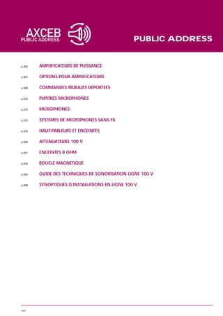 PUBLIC ADDRESS


p.302   AMPLIFICATEURS DE PUISSANCE

p.307   OPTIONS POUR AMPLIFICATEURS

p.309   COMMANDES MURALES DEPORTEES

p.310   PUPITRES MICROPHONES

p.312   MICROPHONES

p.313   SYSTEMES DE MICROPHONES SANS FIL

p.316   HAUT-PARLEURS ET ENCEINTES

p.330   ATTENUATEURS 100 V

p.331   ENCEINTES 8 OHM

p.333   BOUCLE MAGNETIQUE

p.335   GUIDE DES TECHNIQUES DE SONORISATION LIGNE 100 V

p.338   SYNOPTIQUES D’INSTALLATIONS EN LIGNE 100 V




300
 